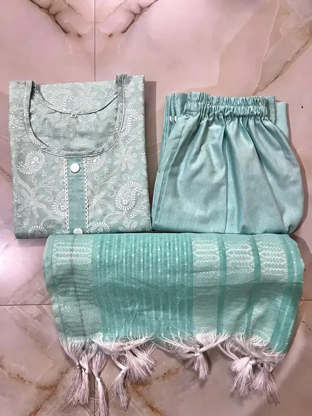 Women Cotton Blend Kurti Pant Attached Dupatta Set Stylish Ethnic Wear