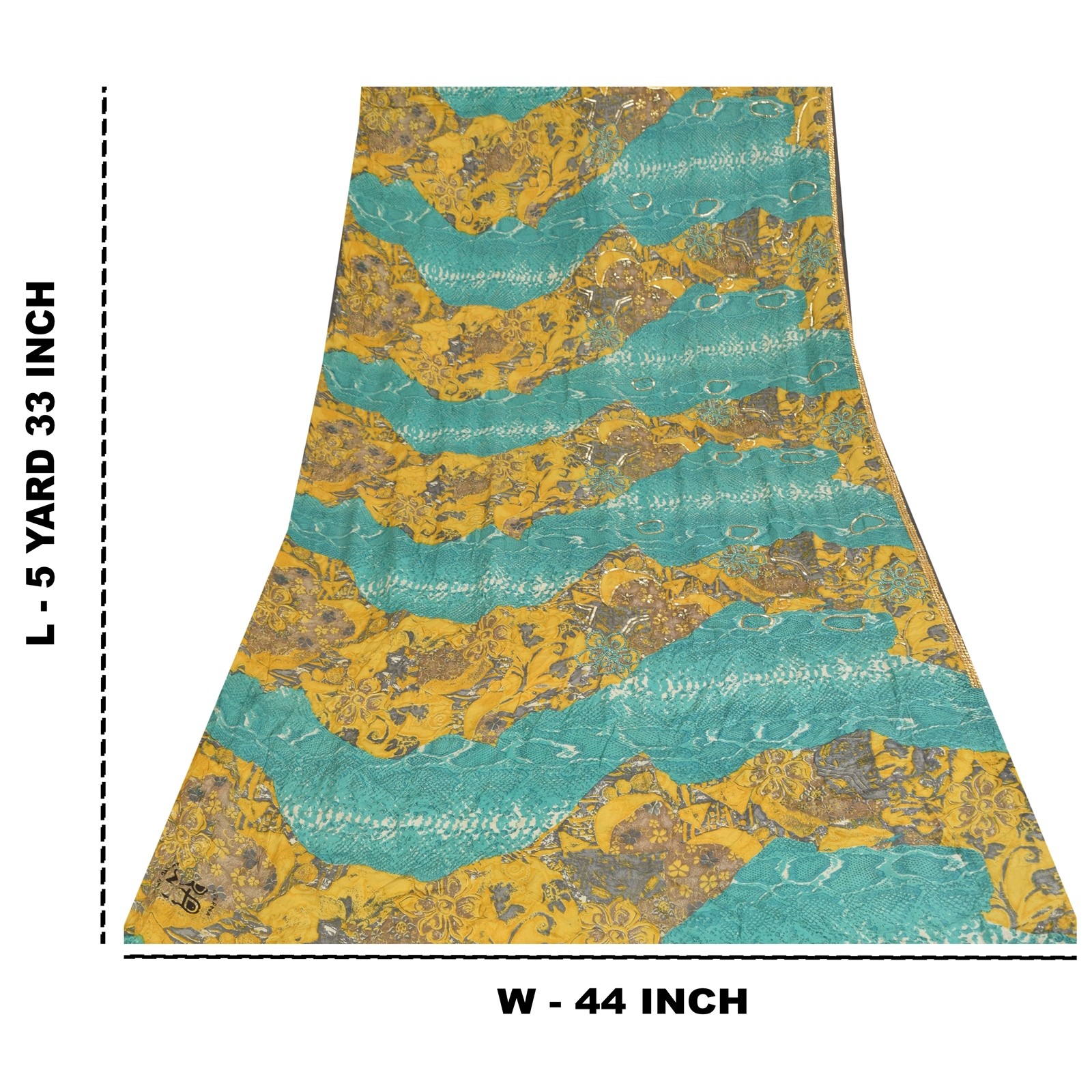 Sanskriti Vintage Sarees Blue & Yellow Pure Crepe Print Embroidered Sari Fabric