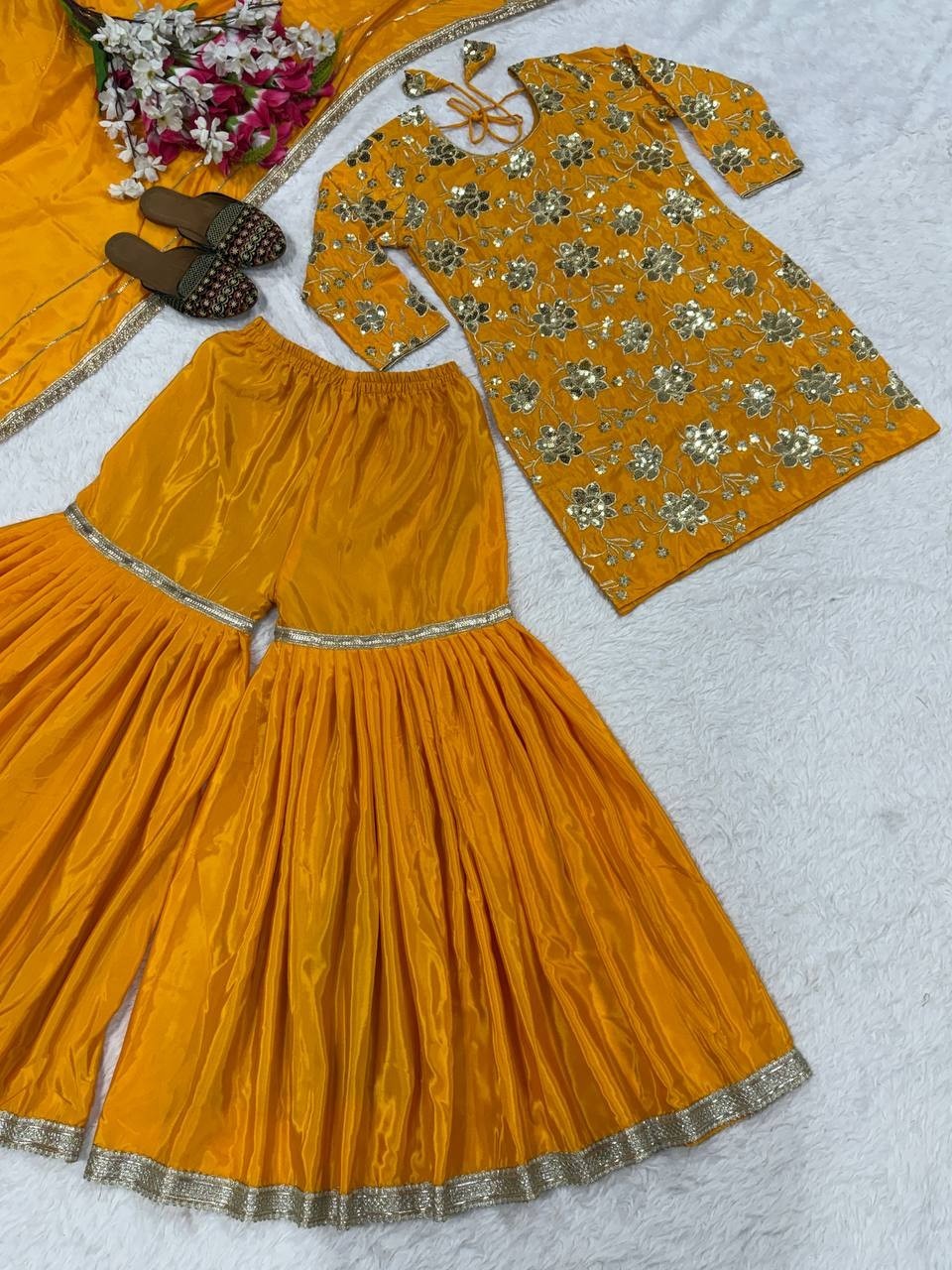 Function Wear Heavy Natural Crepe Top Palazzo With Dupatta For Women & Girls