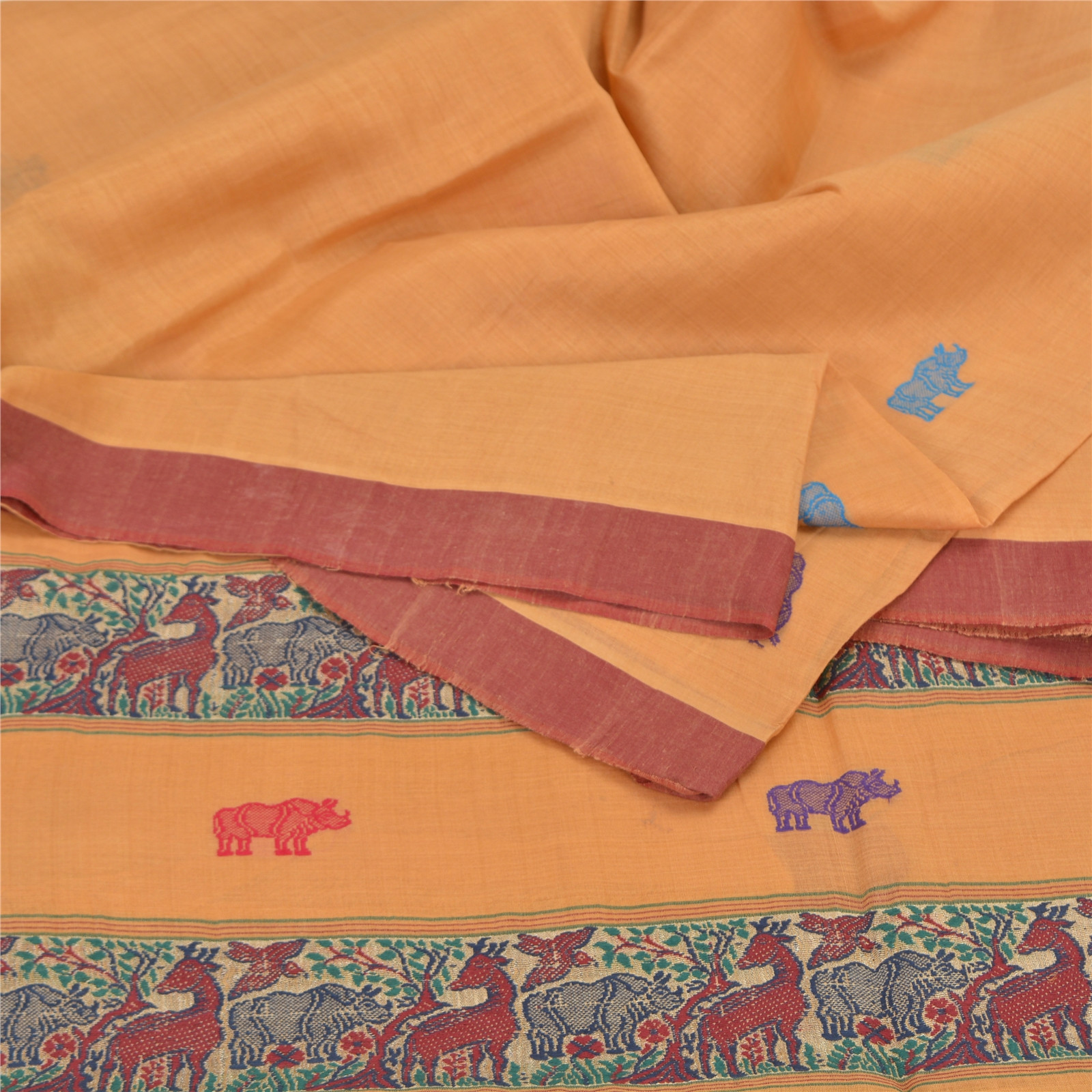 Sanskriti Vintage Peach Indian Sarees Pure Cotton Woven Animal Sari 5 Yd Fabric