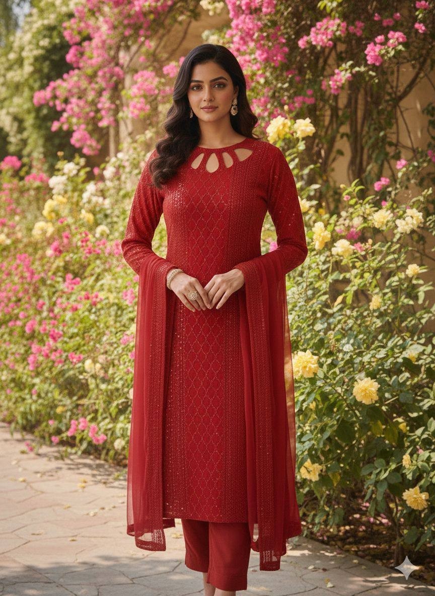 Beautiful Faux Georgette Red Salwar Kameez With Dupatta For Women Party Wear