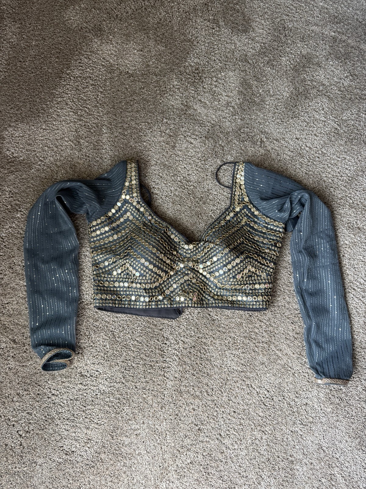 Handmade Women’s Gray Chiffon Choli Blouse Top Mirror Work Tie-Back, One Size
