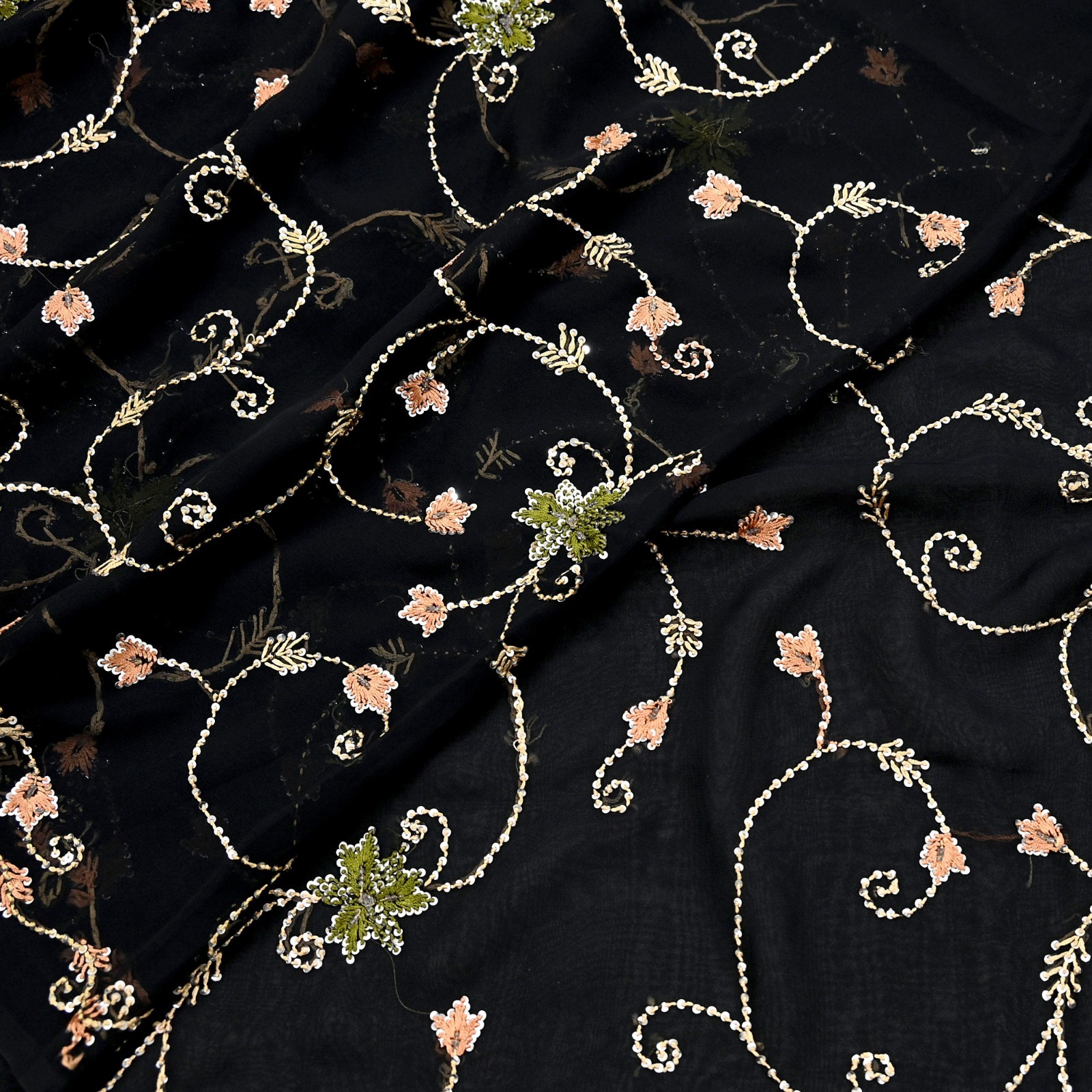 Indian Vintage Heavy Sari Black Pure Georgette Silk Hand Beaded Sarees Ethnic