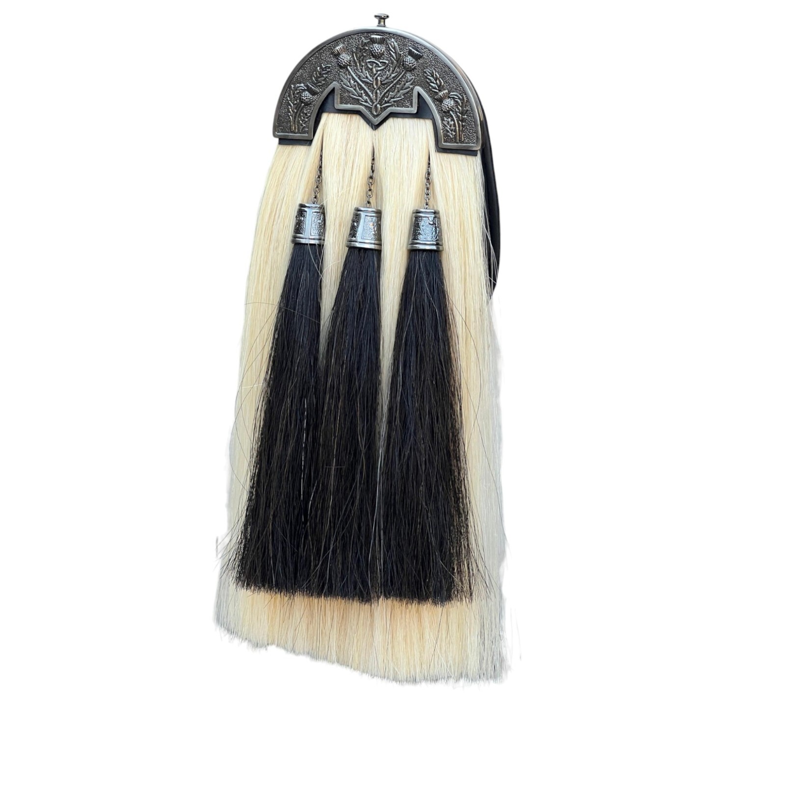 Scottish Horse Hair White Sporran Three Black Tassels Sporran With Chain & Belt