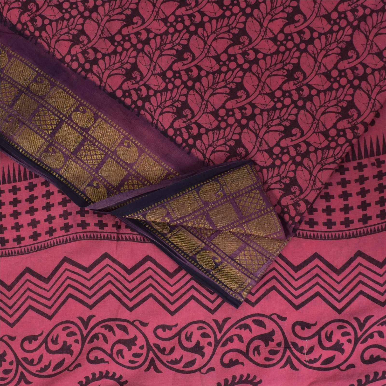 Sanskriti Vintage Sarees Pink & Black Block Print Zari Pure Cotton Sari Fabric