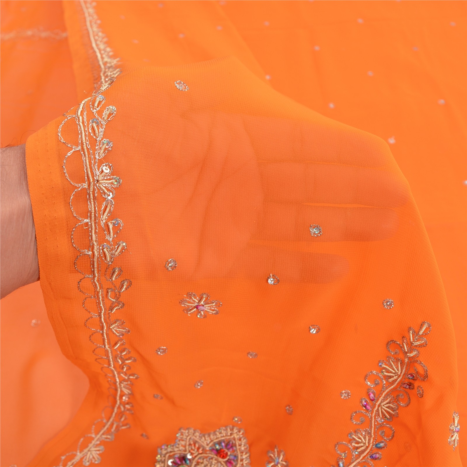 Sanskriti Vintage Orange Saree Pure Georgette Silk Hand Beaded Fabric Sari