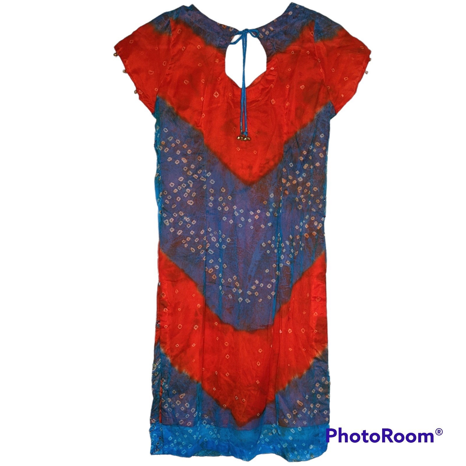 Indian Kurti Tunic Top Dress Women’s Sz 38 Red Blue Short Sleeves Bells Lined