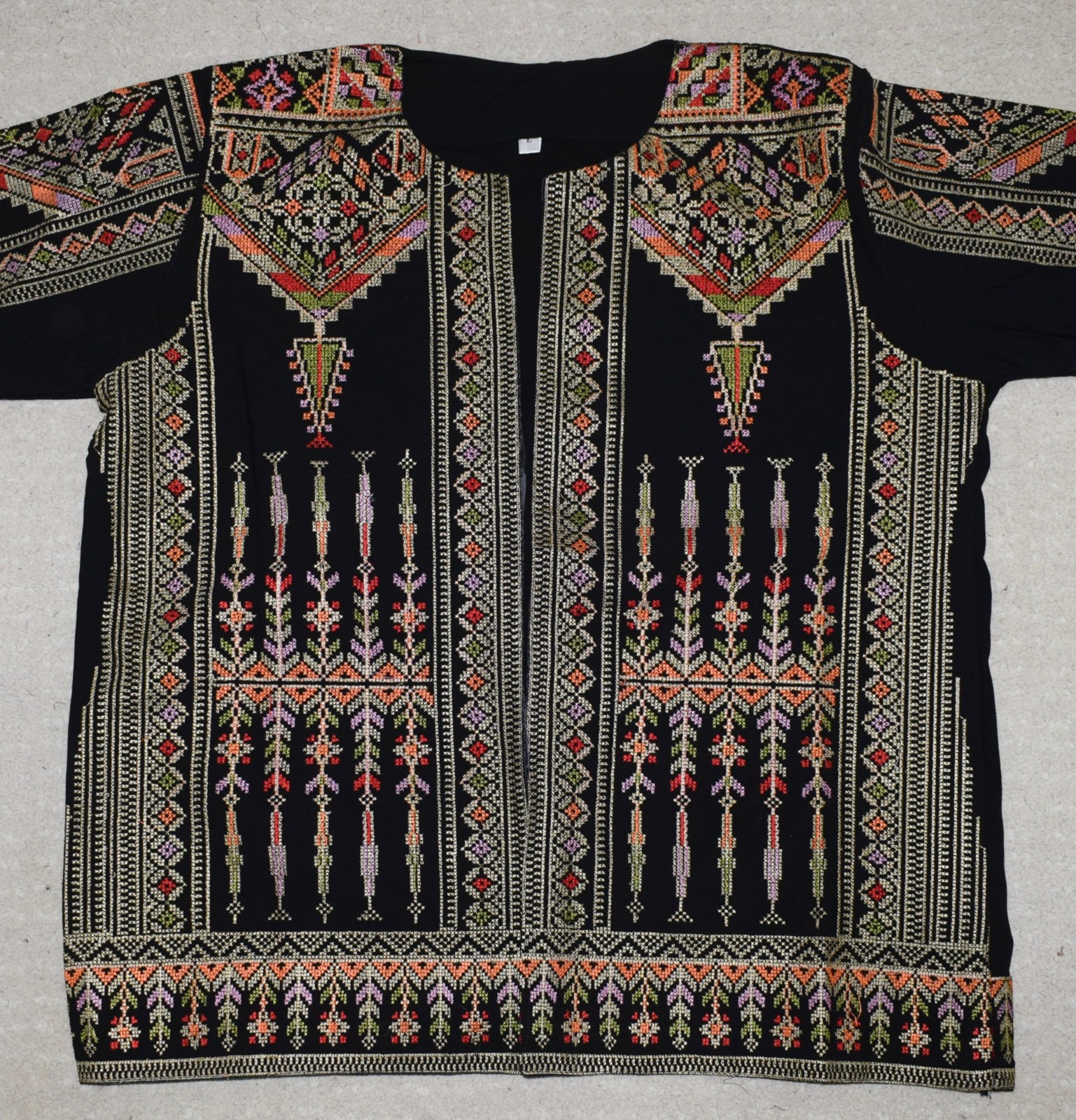 Palestinian Tatreez Jacket – Multicolored Embroidered Open-Front Cardigan–Blazer