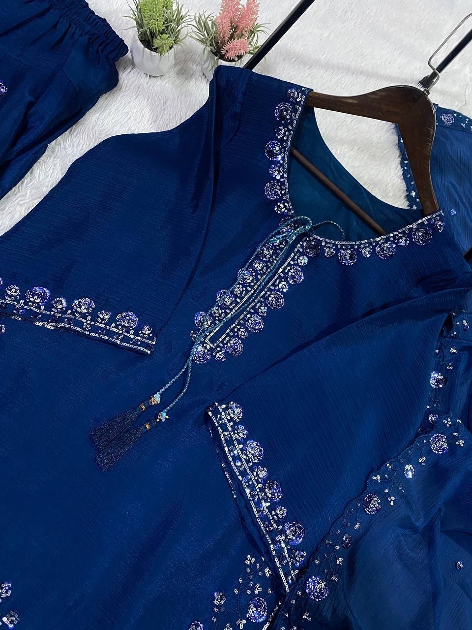 Ethnic Wear Teal Blue Chinon Top Bottom With Dupatta For Women And Girls