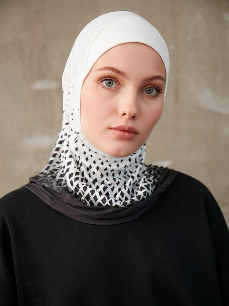 Women Sporty Muslim Inner Hijab Geometric Pattern Instant Turban Head Wrap Headb