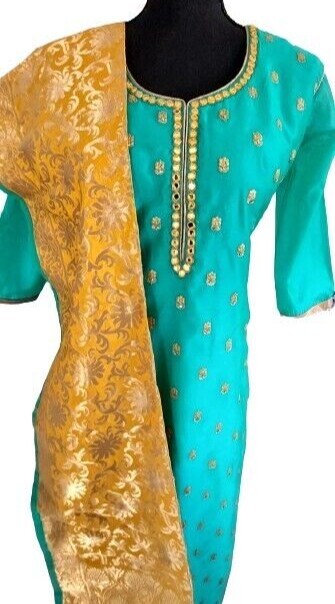 blue and yellow silk blend salwar kameez suit with zari work