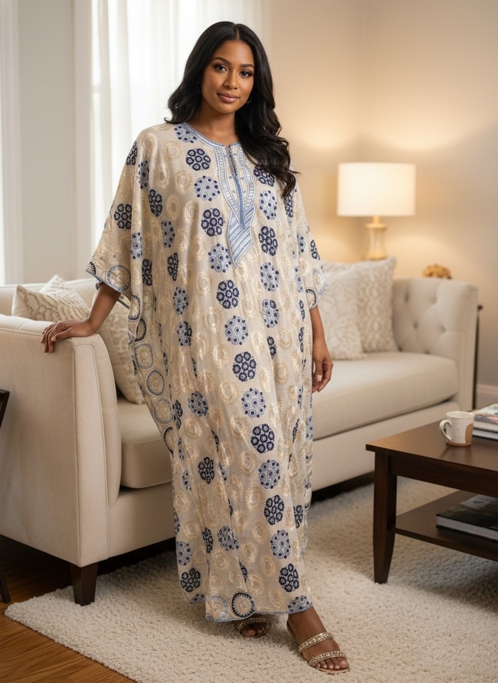 India Kaftan Dress and Matching Bottoms, Size M/L, Beige & Blue