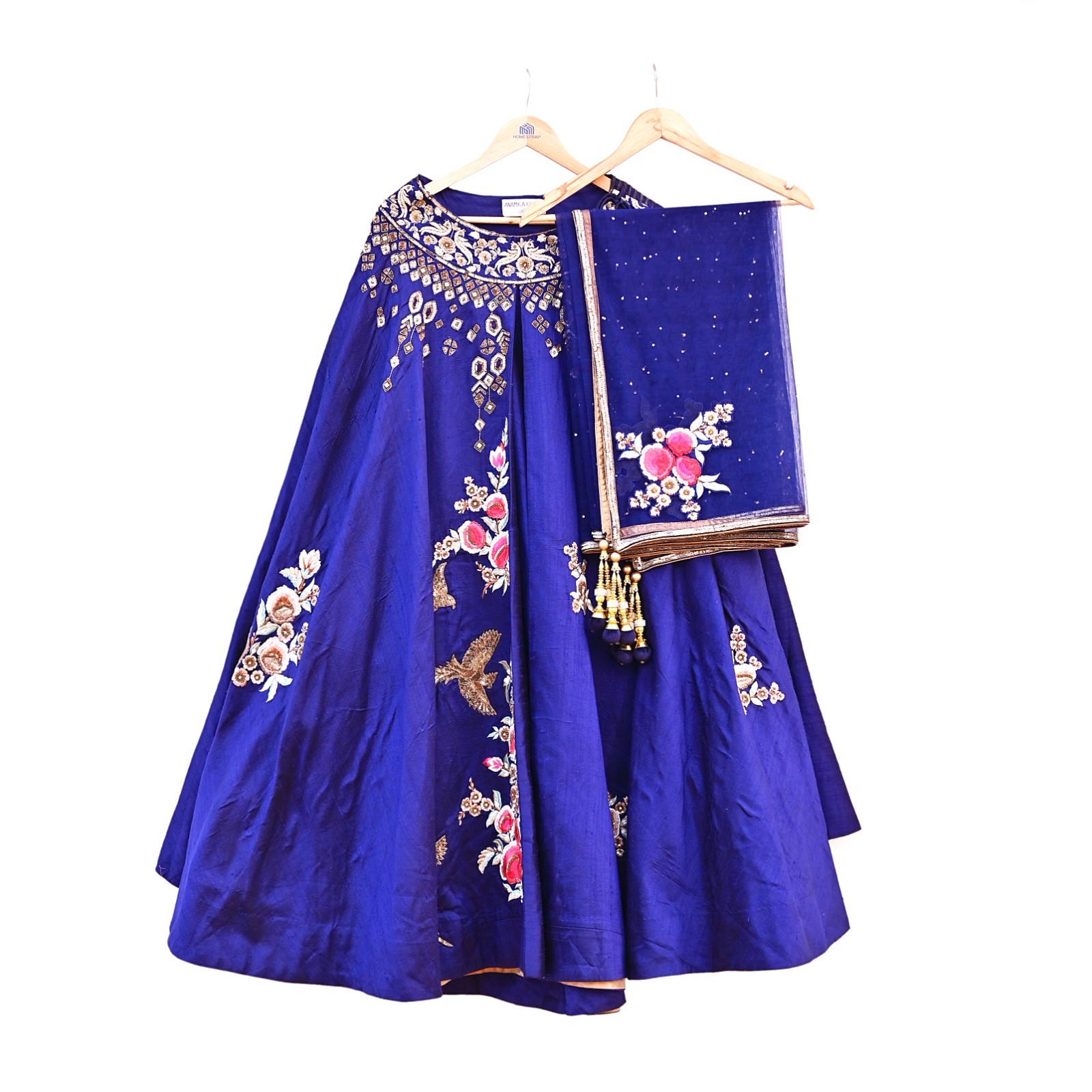 Deep Blue Raw Silk Heavy Hand Embroidered Anamika Khanna Bridal Lehenga 2pcs Set