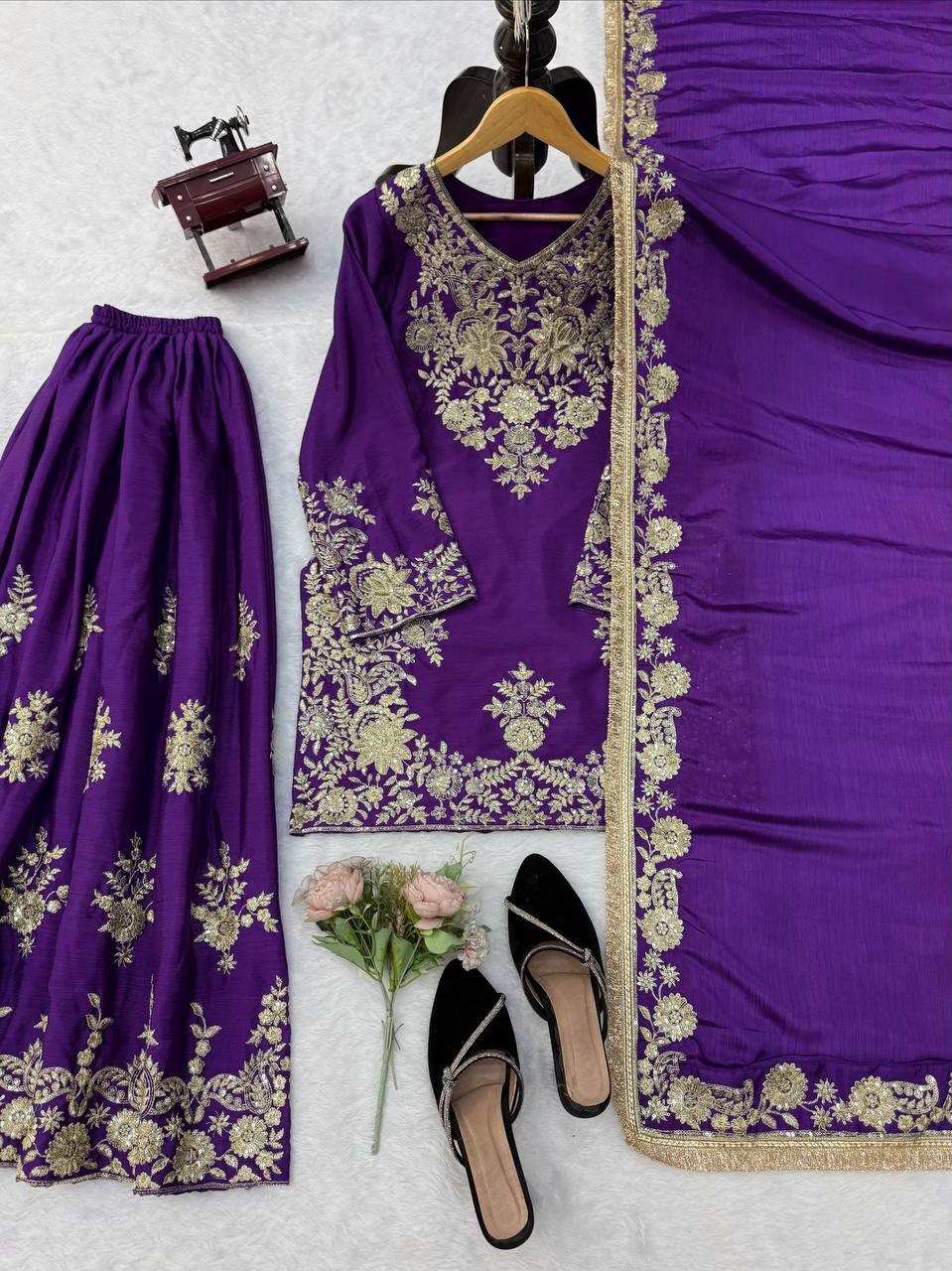 Premium Designer Purple Chinnon Silk Kurta Palazzo With Dupatta For Women