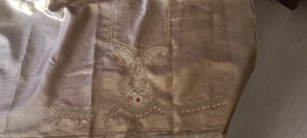 Luxury Light Golden Tissue Silk Hand Embroidered Salwar Suit Set with Organza…
