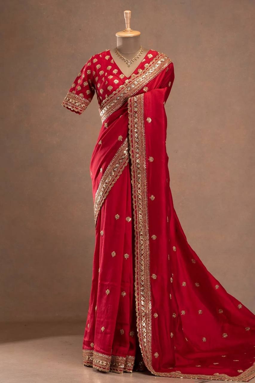 Wedding Wear Red Jalpari Silk Saree With Blouse For Women & Girls