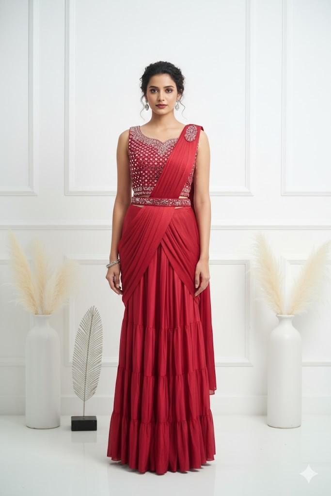Red Ready To Wear Lehenga Saree Sequins Stone Belt Wedding Party