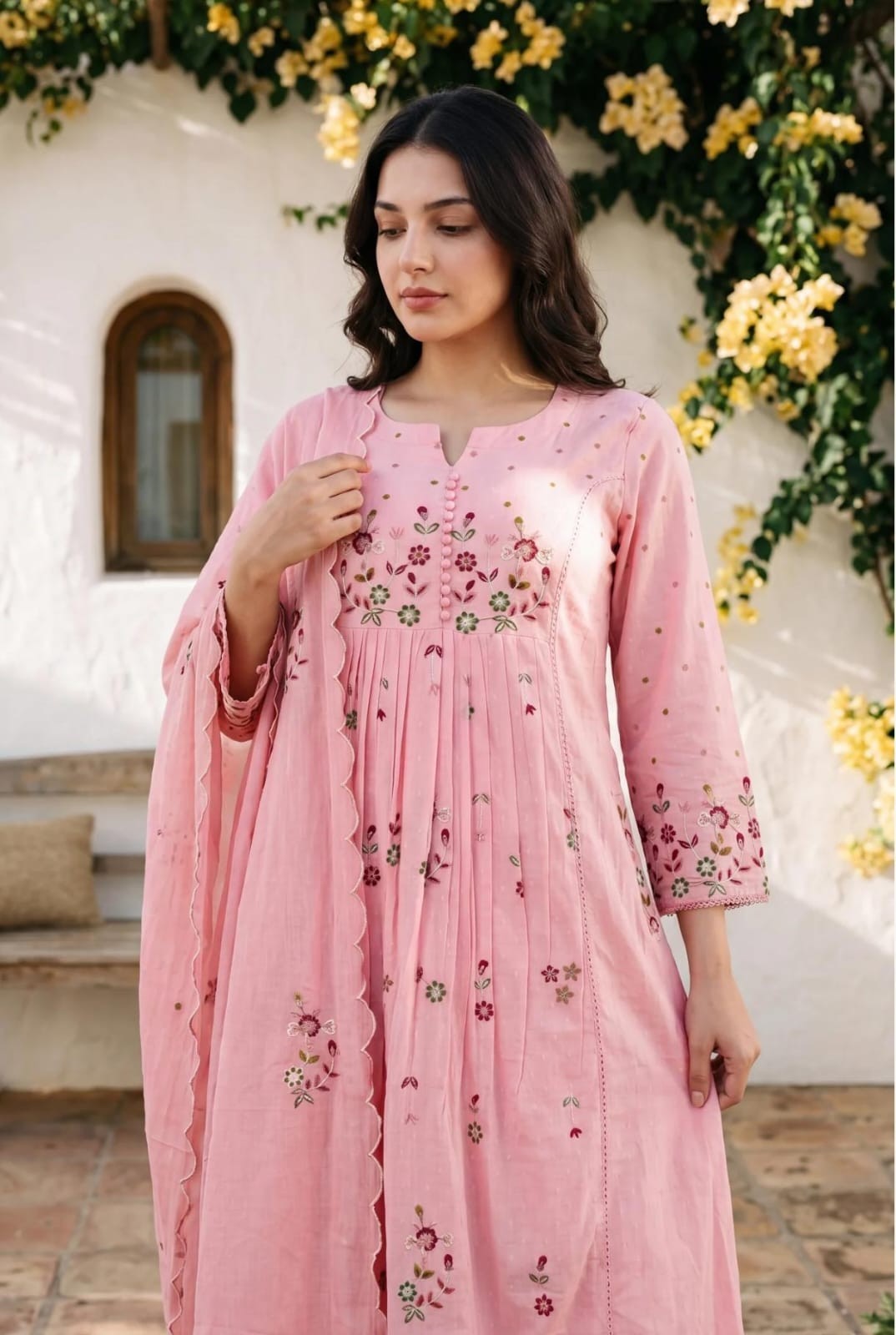 Women’s Cotton Embroidered Anarkali Kurta Pant Dupatta Set White Pink Ethnic Sui