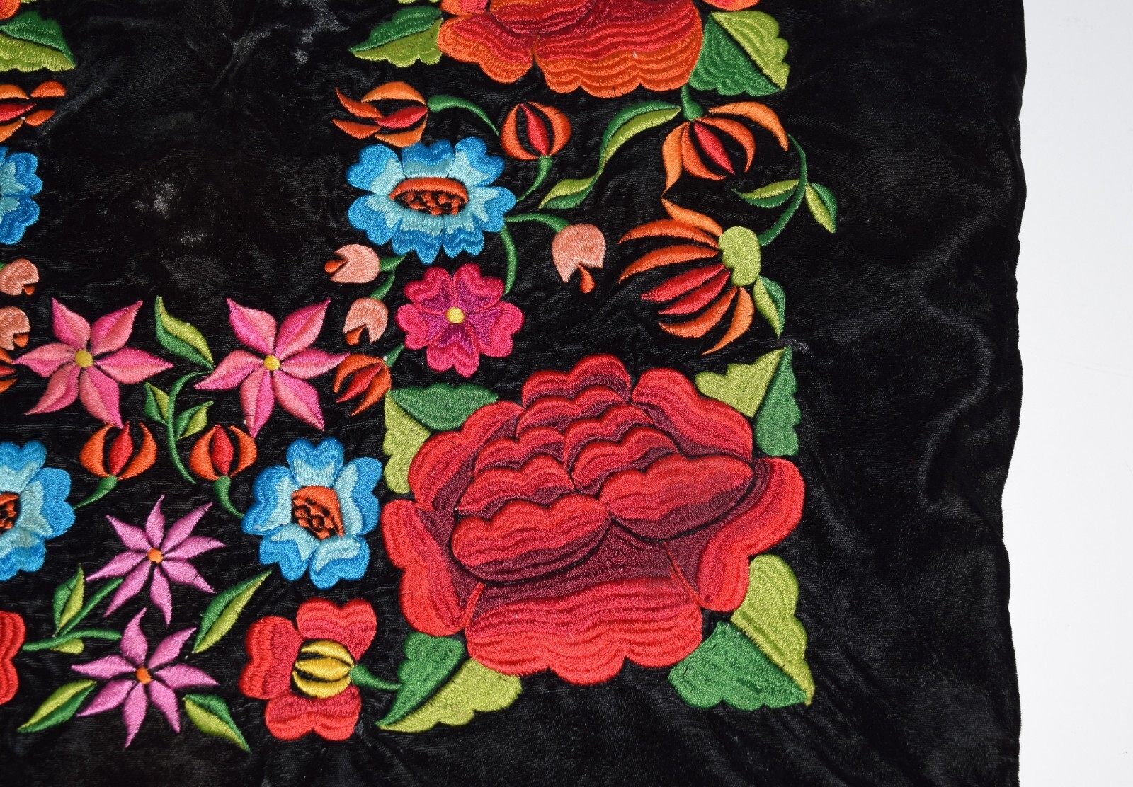 Black Velvet Mexican Folk Blouse Shirt Heavily Embroidered Multicolored Flowers