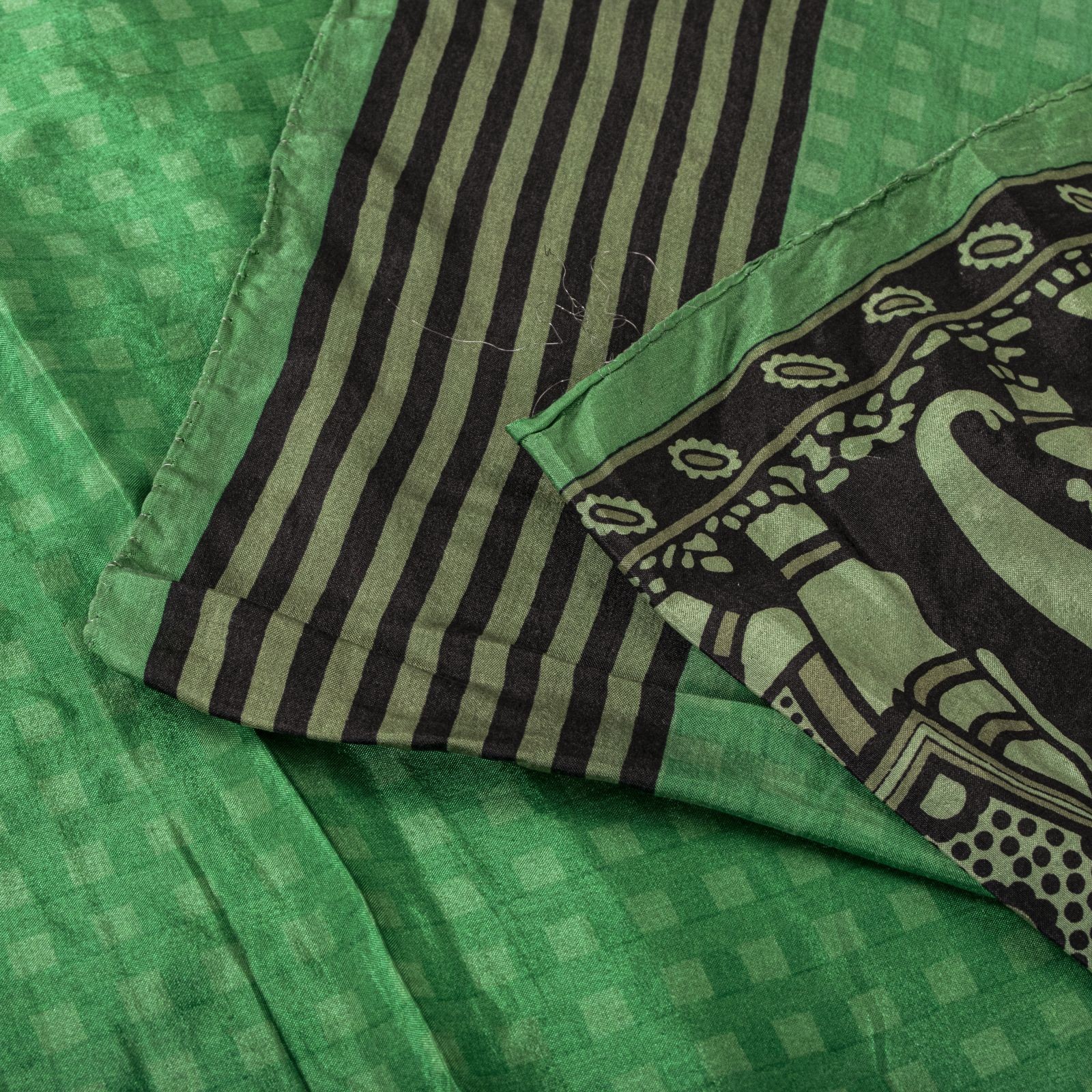 Sanskriti Vintage Saree Green Pure Mulberry Silk Elephant Print Sari 5+Yd Fabric