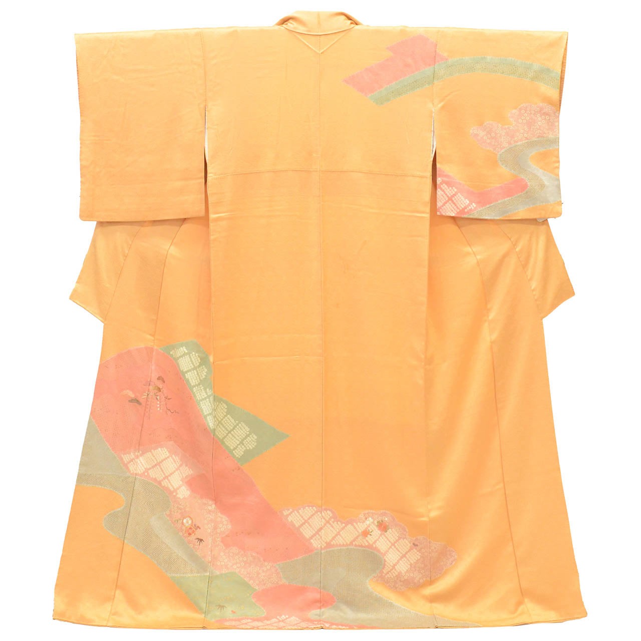 Vintage Japanese Kimono | Houmongi | Orange Silk | Pine Floral | uu2732b