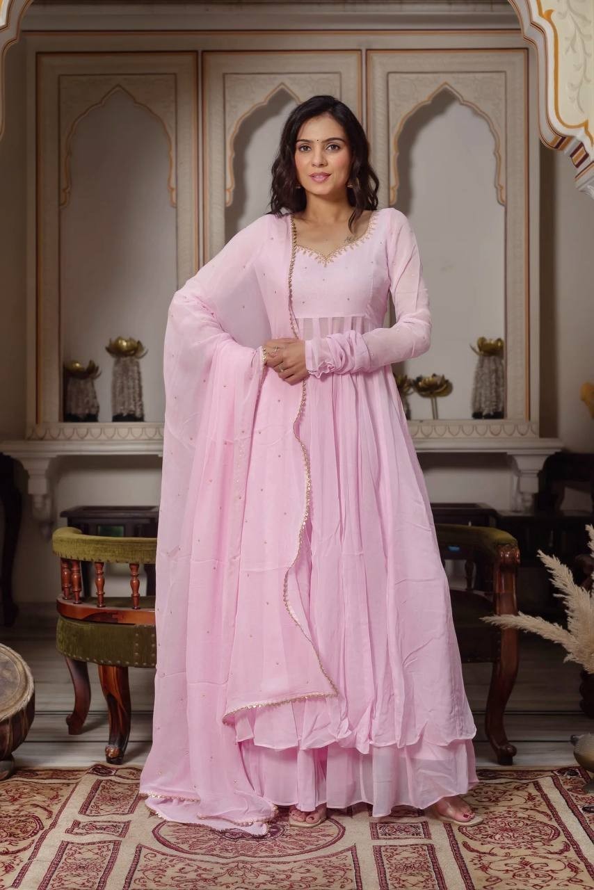 Women Pink Georgette Anarkali Kurti Palazzo Set Indian Salwar Kameez Suit