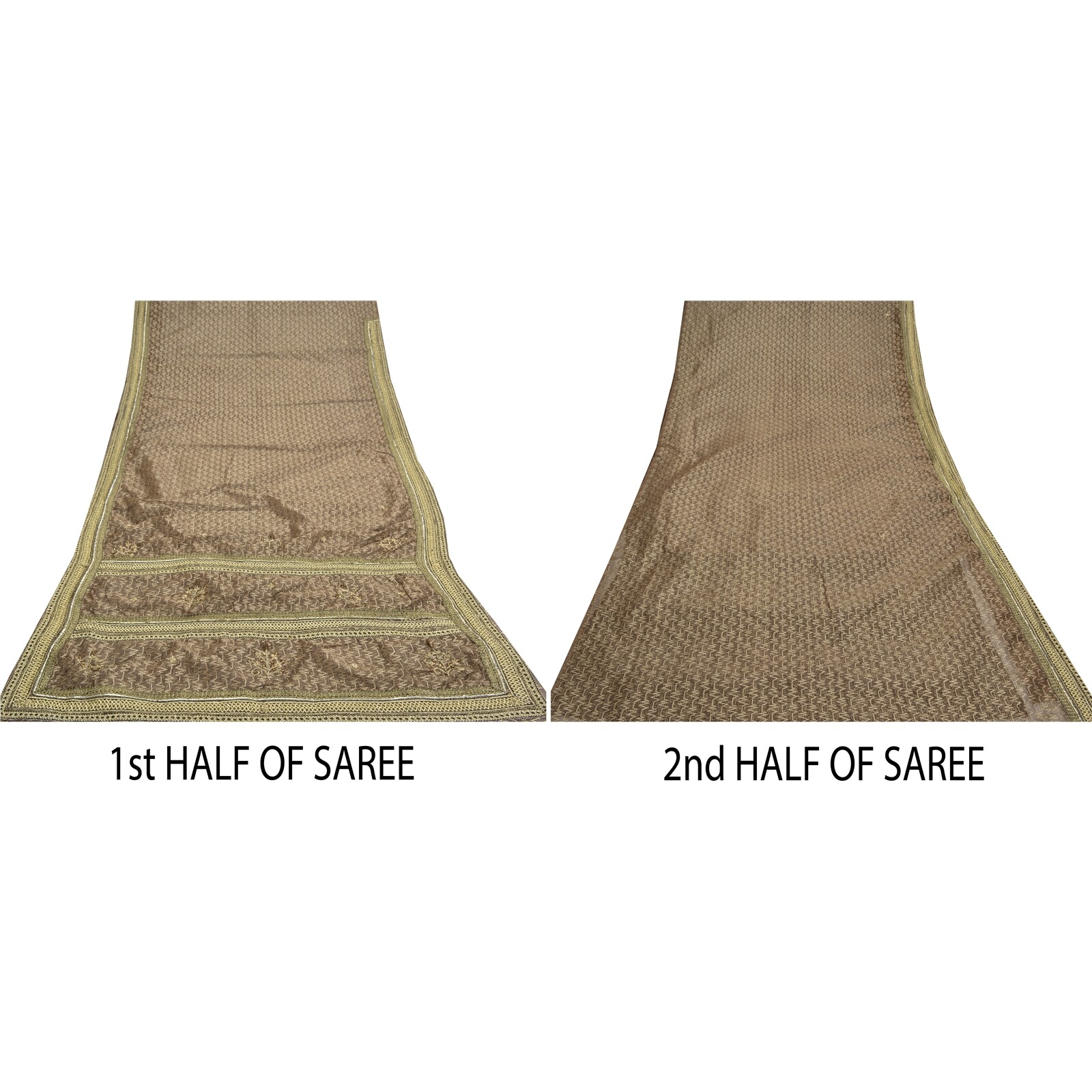 Sanskriti Vintage Brown Saree Net Mesh Hand Beaded Woven Fabric Sari