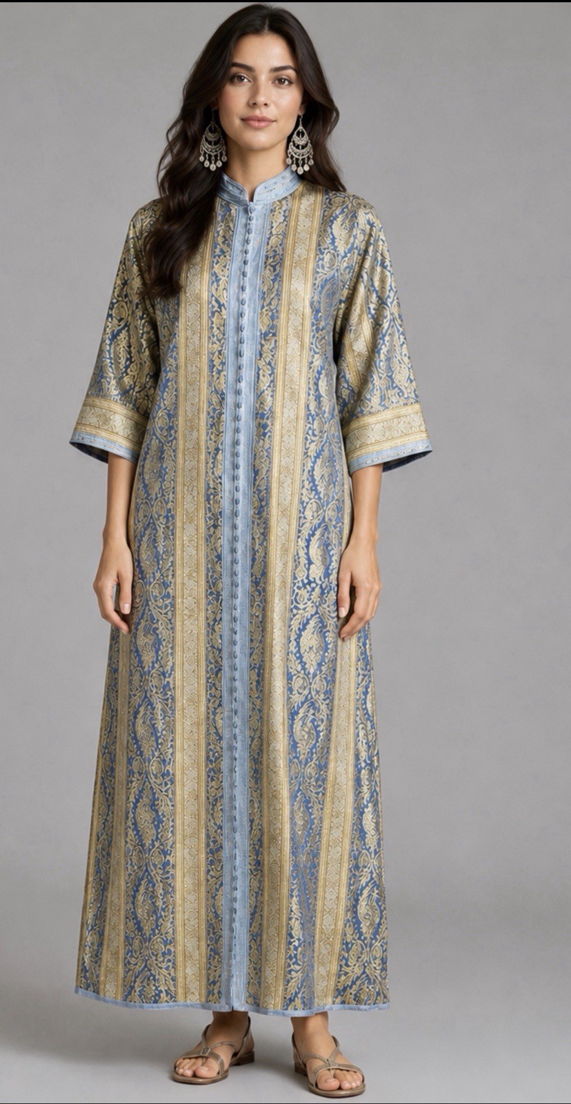 Vintage Moroccan Brocade Caftan Dress Blue Gold Metallic Paisley Kaftan Robe