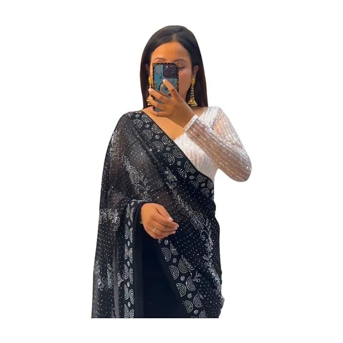 Womens New Party Georgette Swaroski Zarkan Diamond Work Saree with Blouse AN4