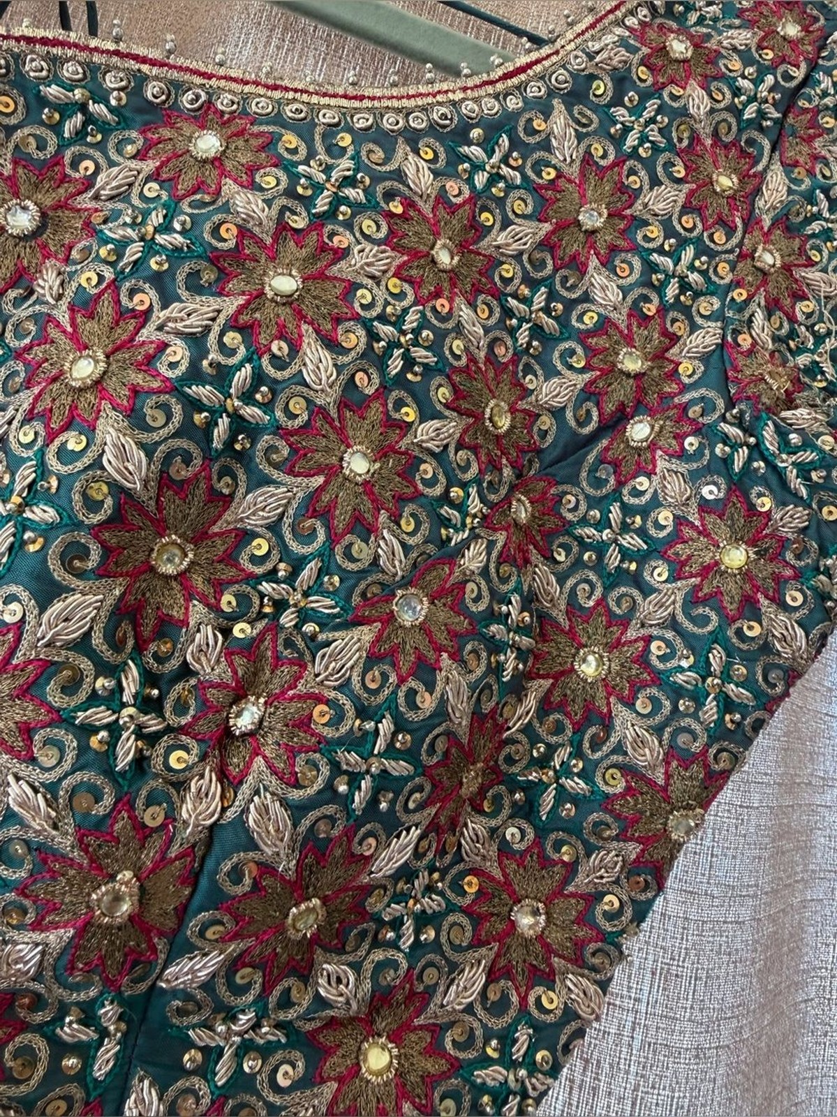Saree embroidered crop top with floral motif in a gorgeous teal and red