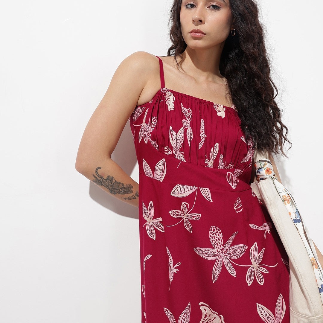 Plus Size Maroon Shoulder Straps Fit & Flared Rayon Dress for Women | Flowy Midi