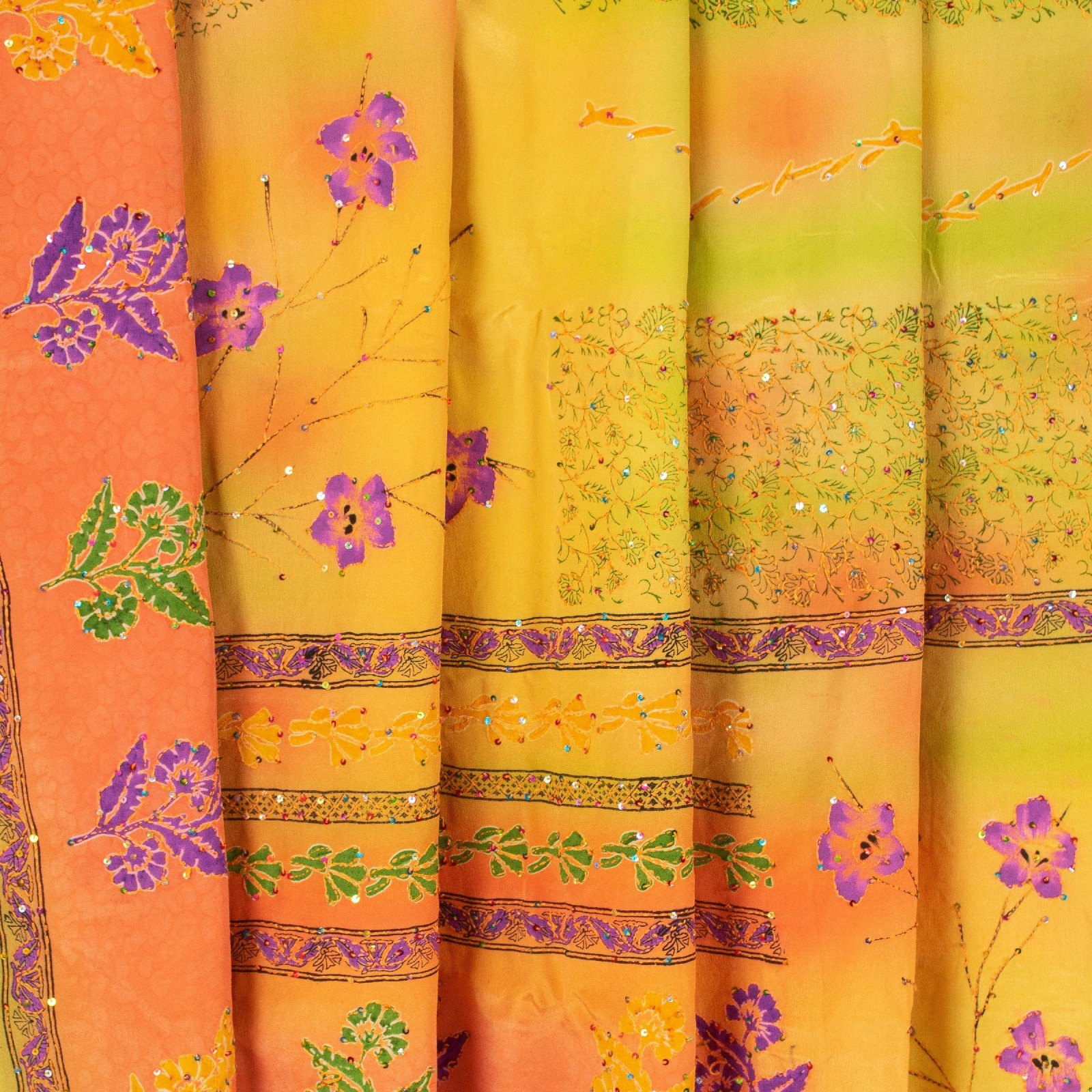 Sanskriti Vintage Saree Lemon Hand Embroidery Kantha Pure Crepe Print 5.5YD Sari