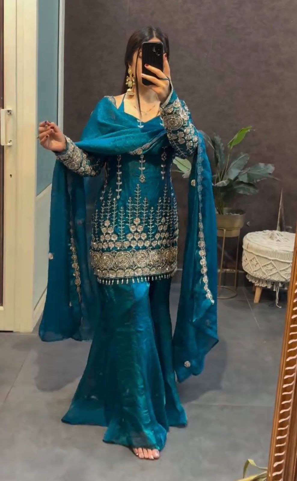 Women’s Fendy Satin Kurti Palazzo Set with Dupatta Embroidered Beads Work