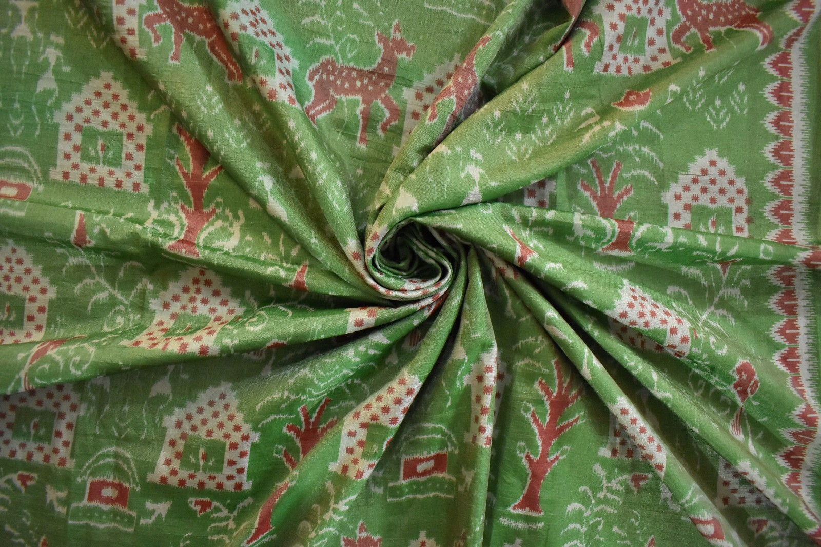 FNC Vintage Green Sambalpuri Ikat Sarees Handwoven Art Silk Sari Fabric Antique