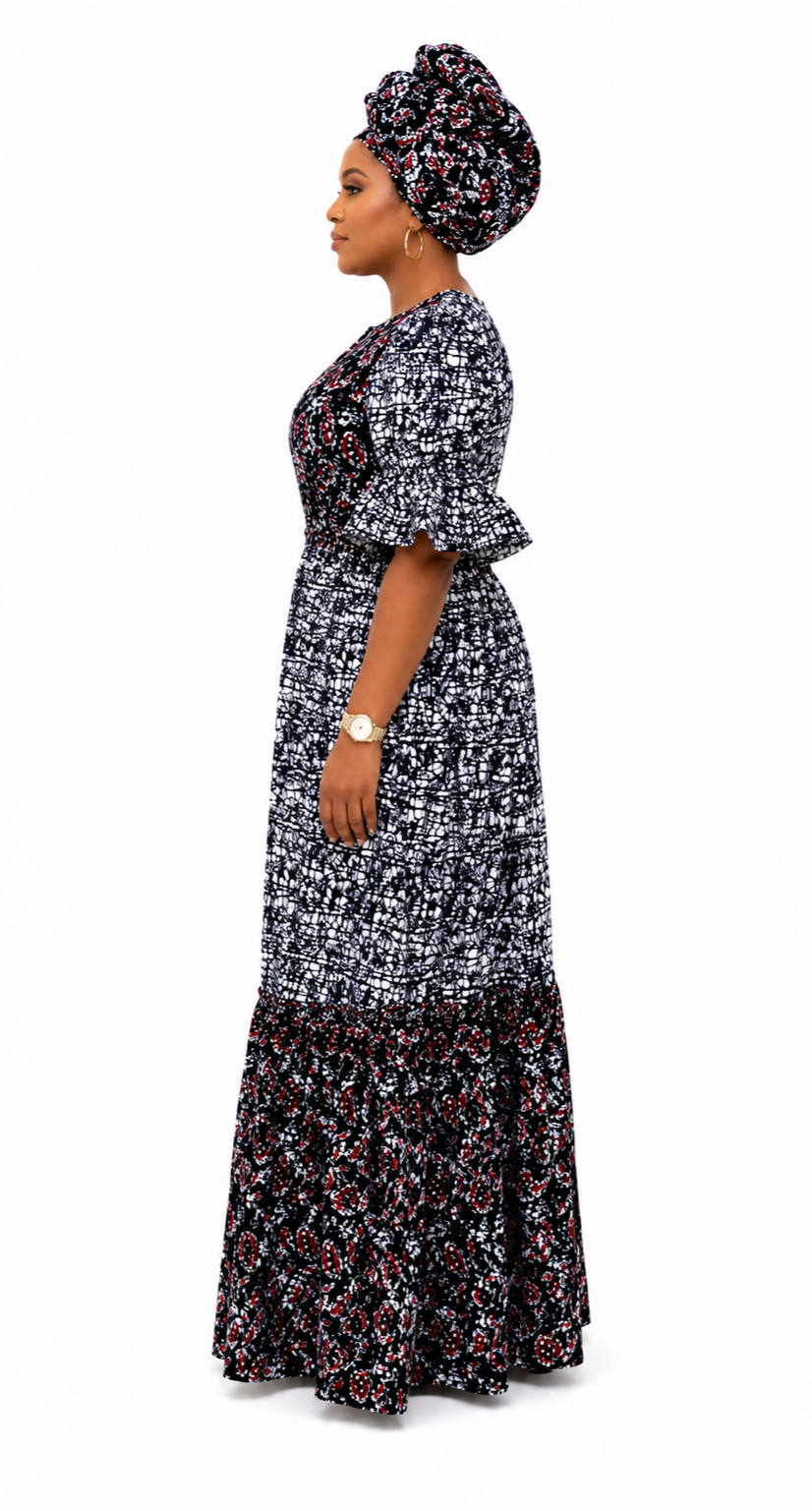 Handmade Ankara Kaftan Maxi Gown & Head Wrap Ash Multicolor African Print 16 NWT