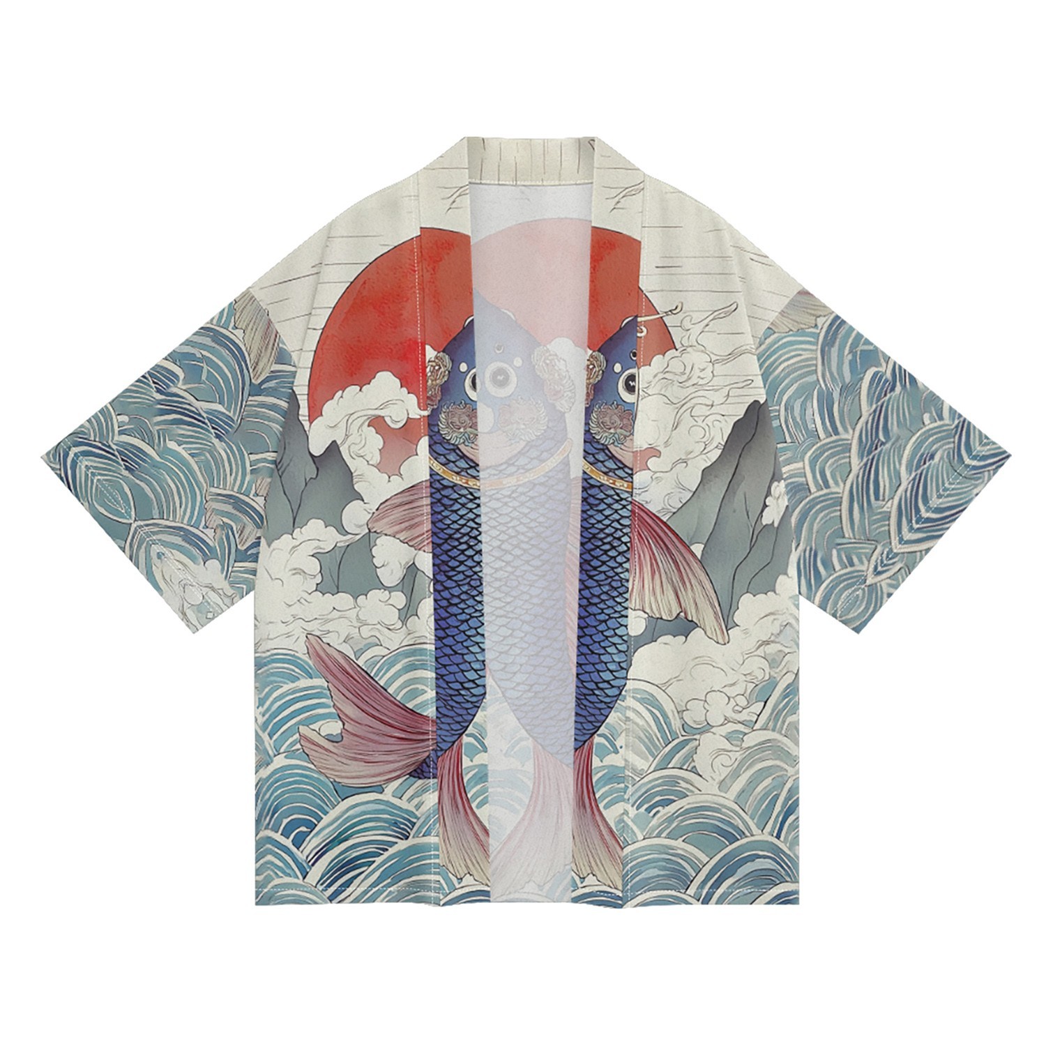Niepce Men’s Japanese Graphic Lightweight Aqua Nature Kimono Cardigan Shirt Top