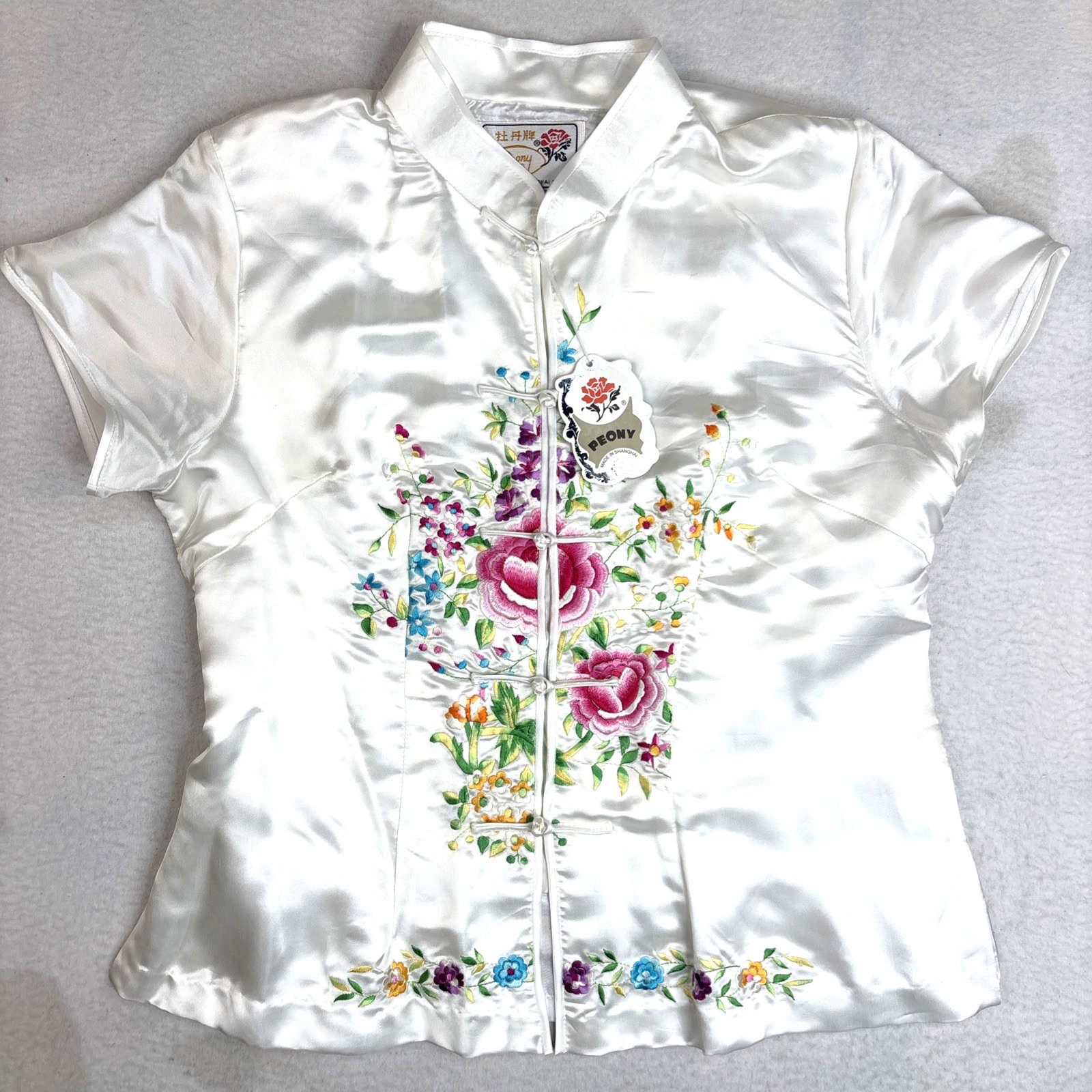 Vtg Peony Brand Shanghai China Silk Top Sz 40 Ebroidered Flowers Short Sleeve