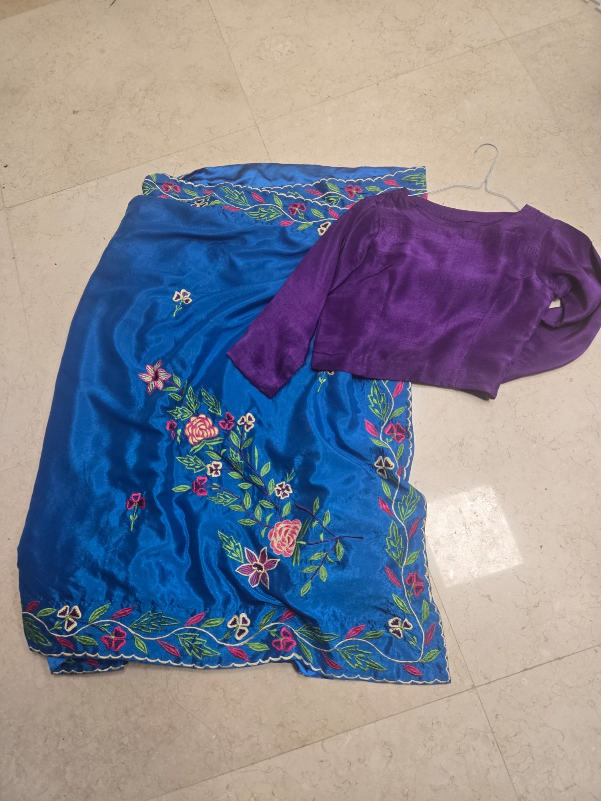 Pakistani Indian designer Silk embroidery stitched saree & blouse , size small