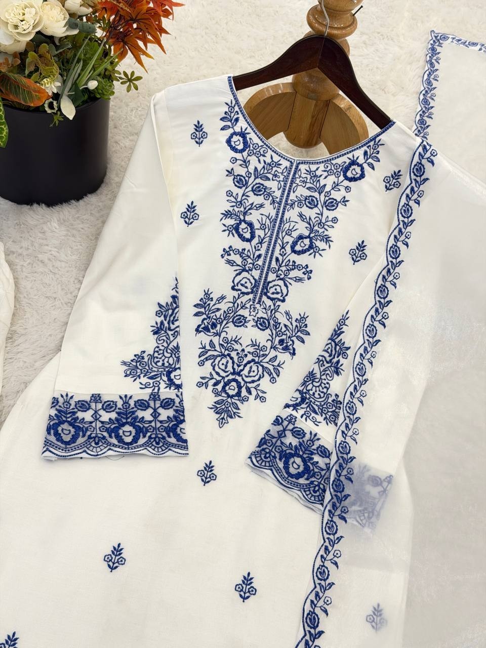Beautiful Look Rayon Cotton White Top Bottom With Dupatta For Functional Wear