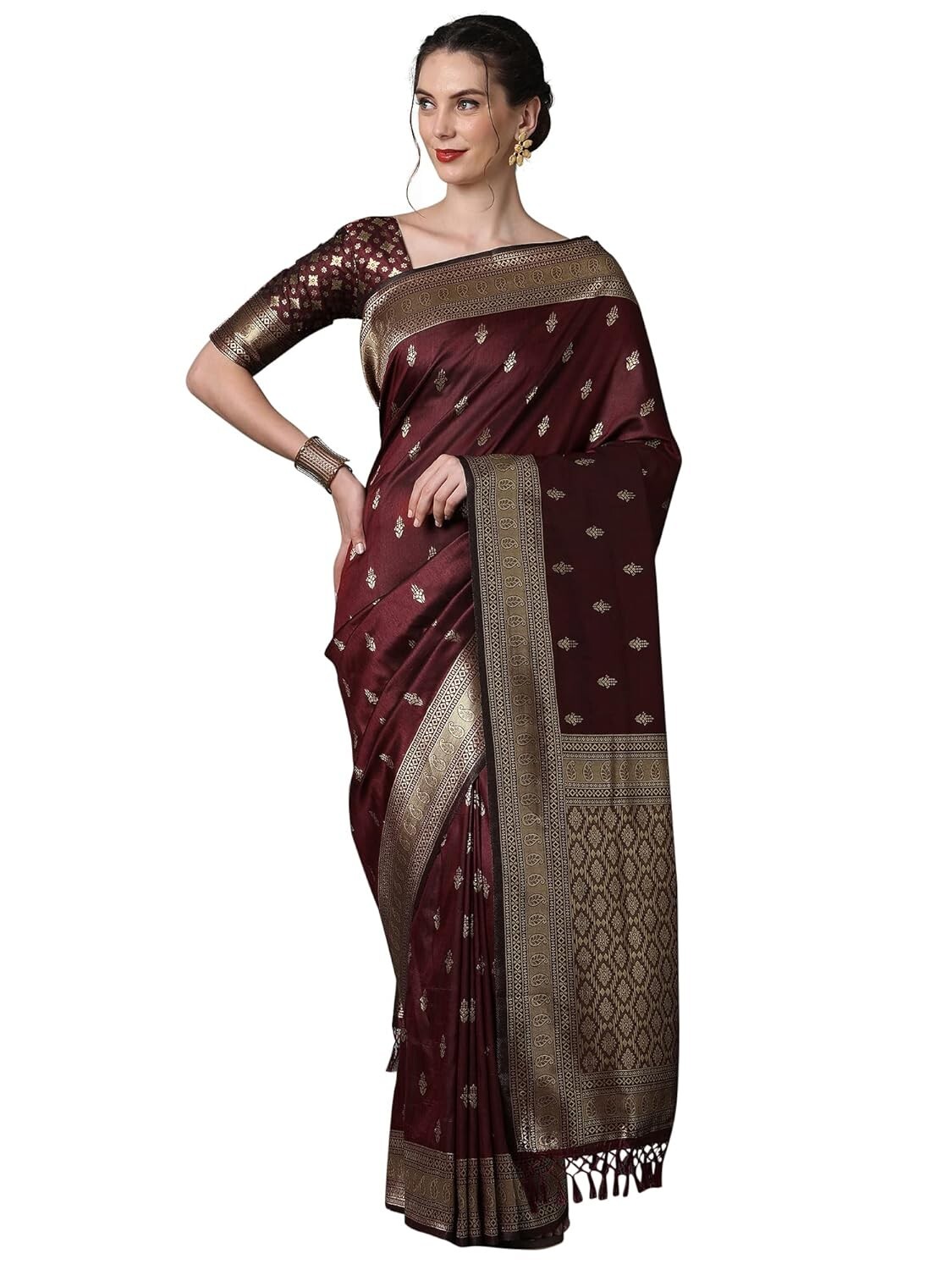 Women’s Banarasi Silk Blend Woven Design Golden zari Work Saree With Unstitched