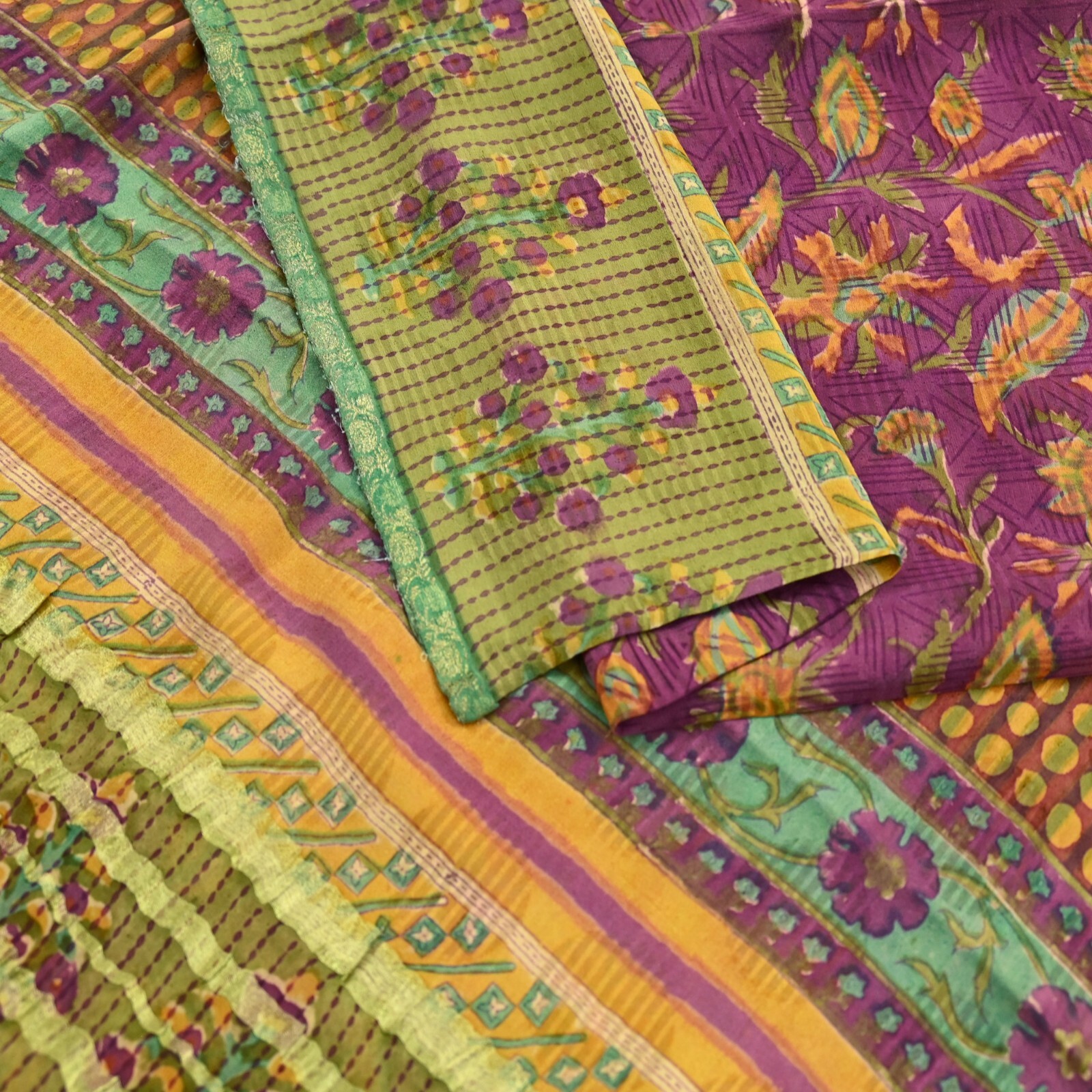 Indian Vintage Sari Purple & Green Pure Georgette Silk Printed Sarees 5yd Zari