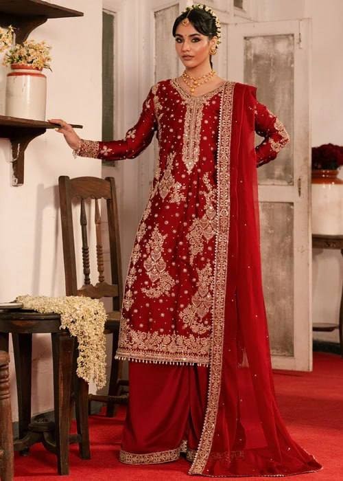 Exclusive Designer Red Roman Silk Kurta Palazzo With Dupatta For Wedding Wear