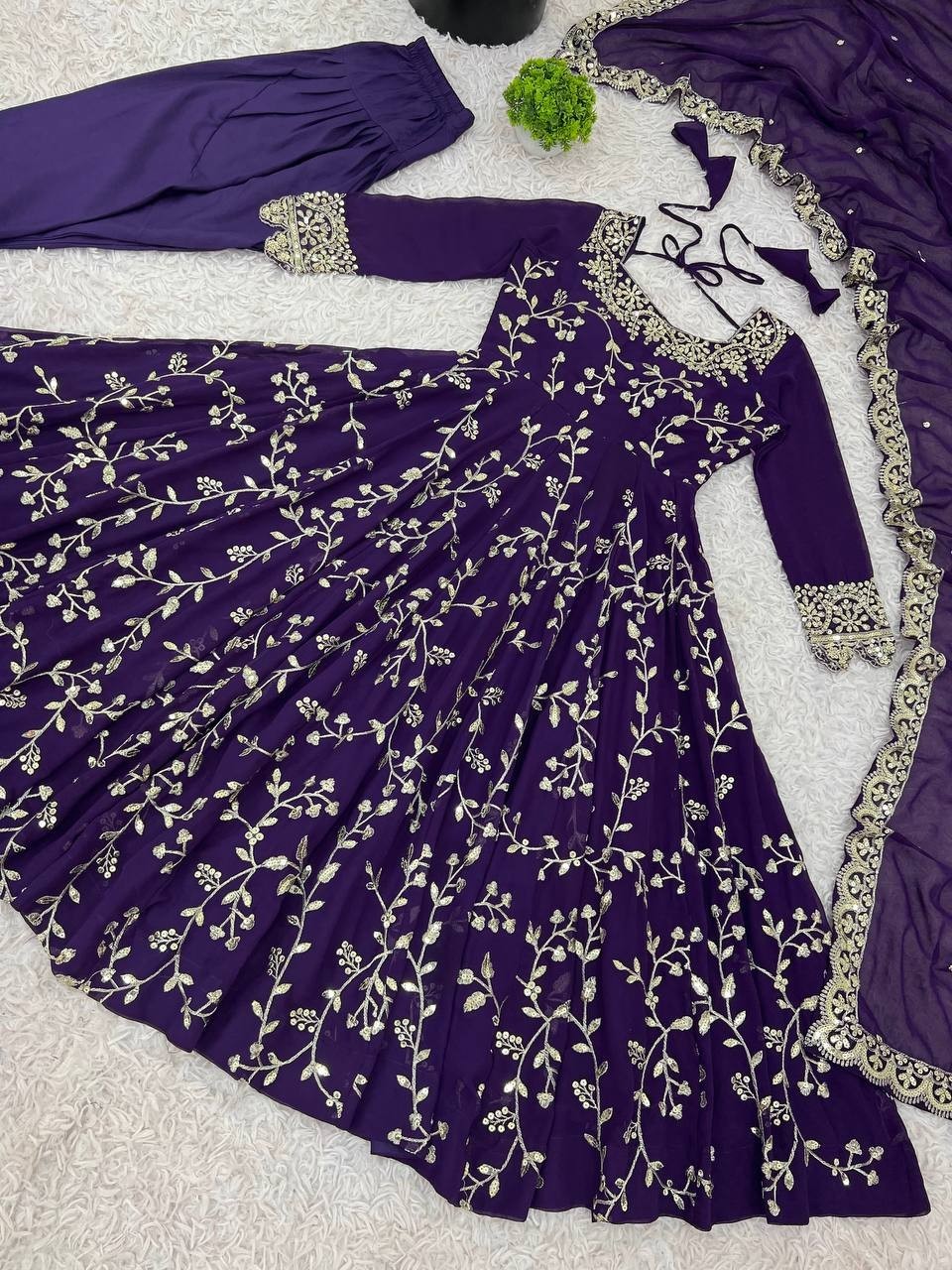 Elegant Purple Georgette Embroidery Sequins Work Flared Anarkali Gown 3 Pc Set