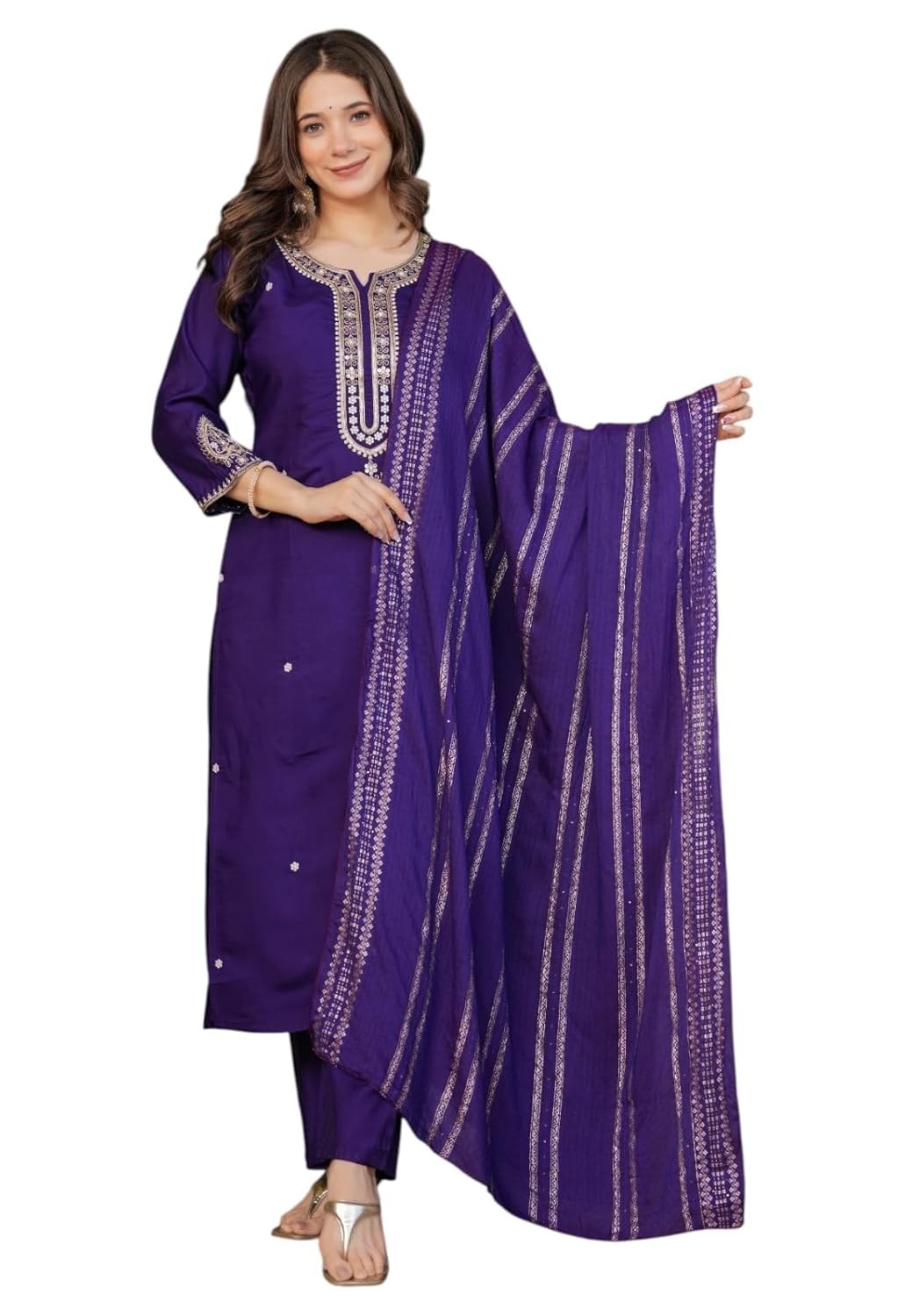 Women Embroidered Viscose Chanderi Fabric Straight Kurta, Pant and Dupatta Set