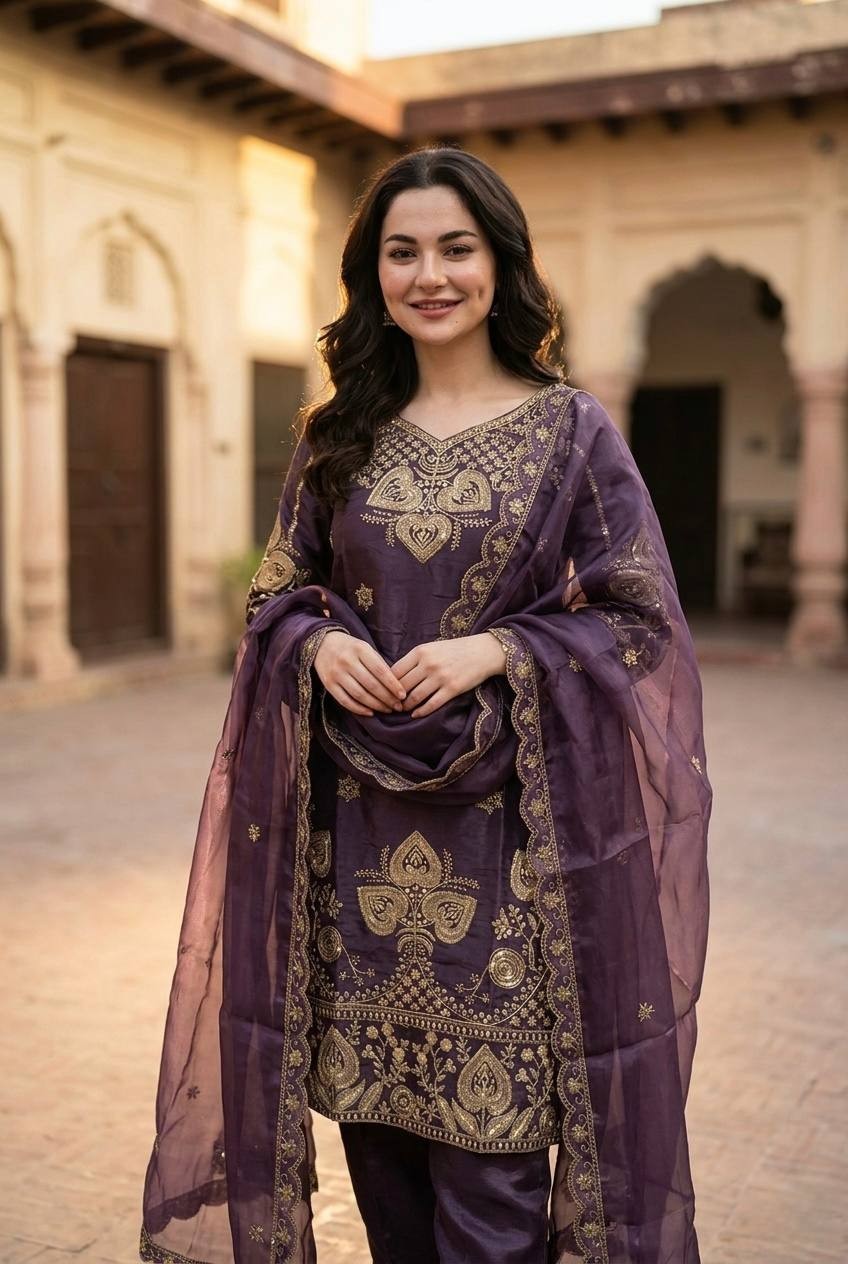 Presenting New Pure Silk Purple Top Palazzo With Dupatta For Wedding Wear