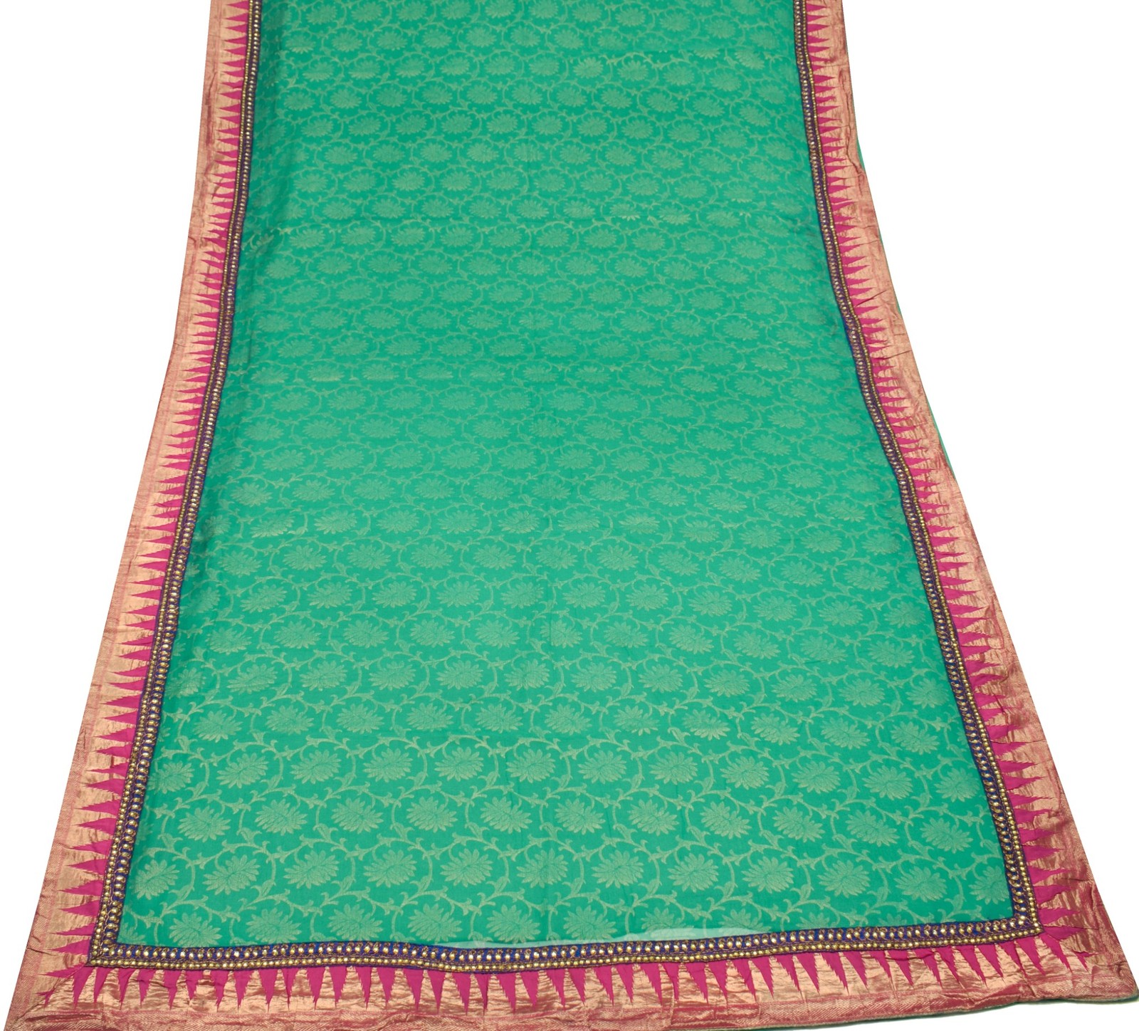 Sushila Vintage Floral Saree with PatchWork Border Teal Green Pure Chiffon Sari