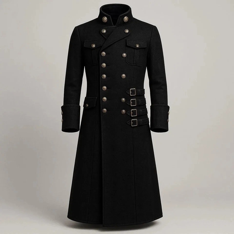 Men’s Black Gothic Steampunk Long Coat Trench gothic Jacket with buckle straps