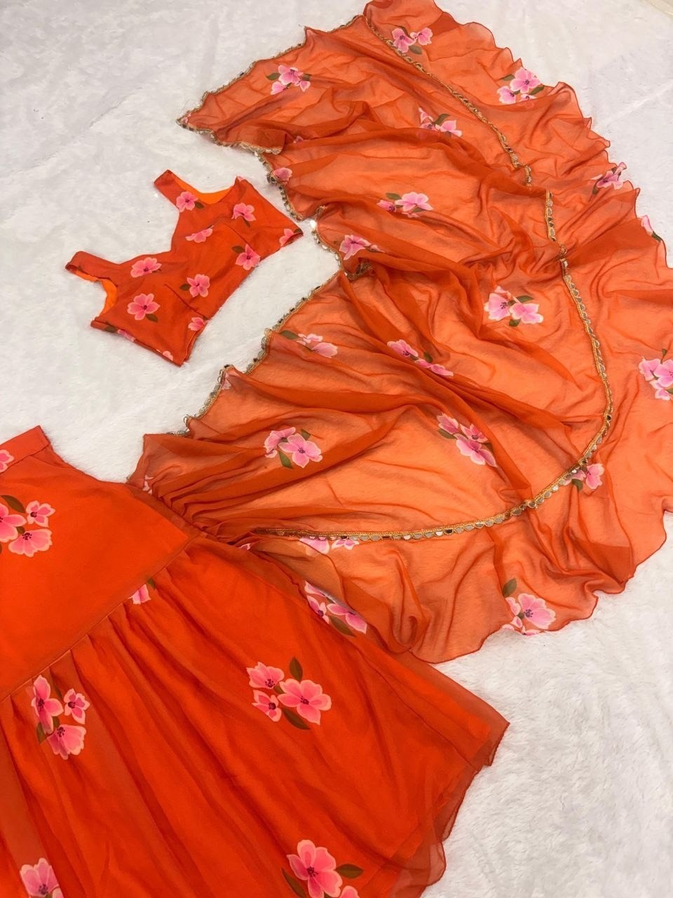 Orange Pre Draped Saree Lehenga Style Georgette Ruffle Dupatta Party Wear