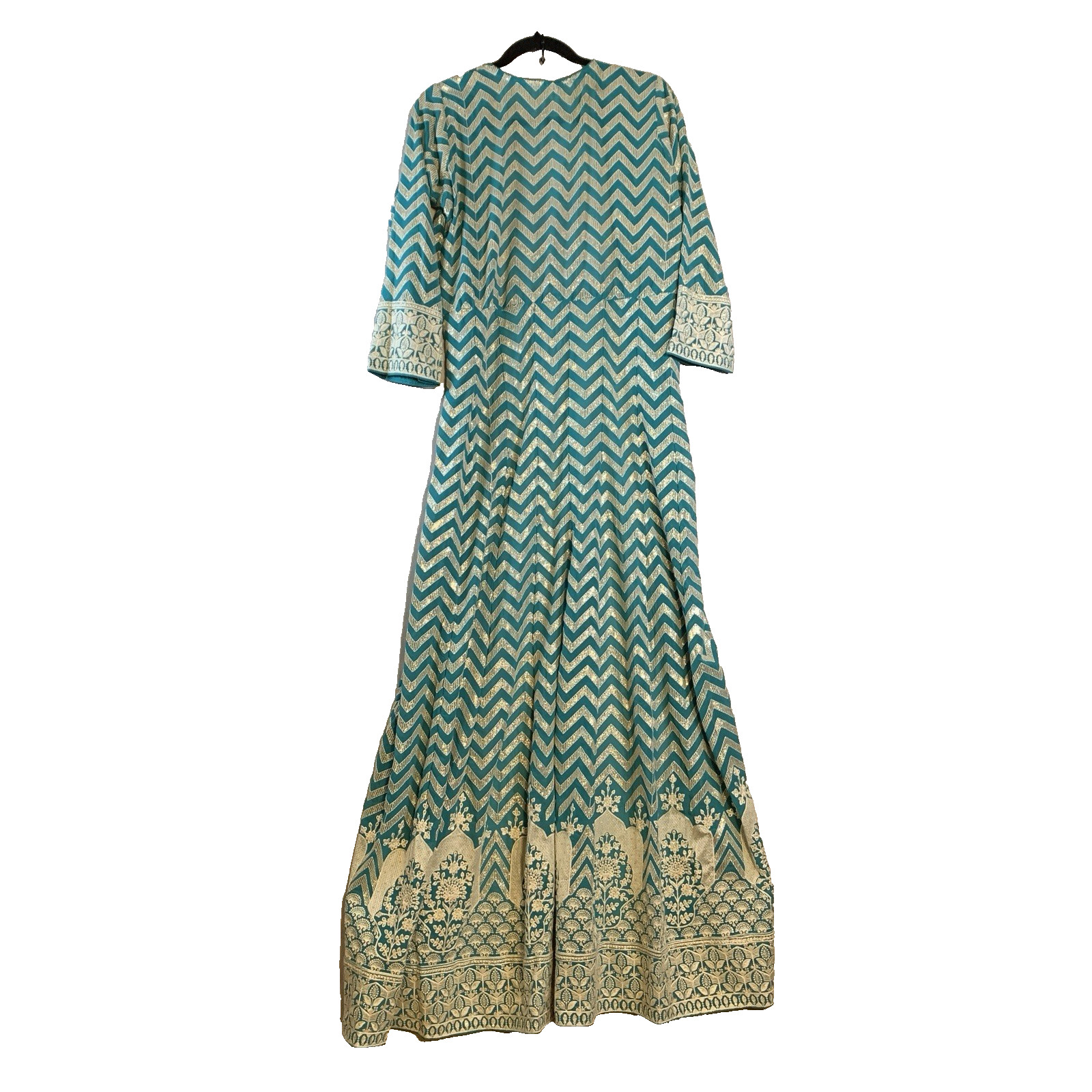 Indian size Small Teal Silver Embroidered Duster Coat Maxi Jacket Chevron Boho