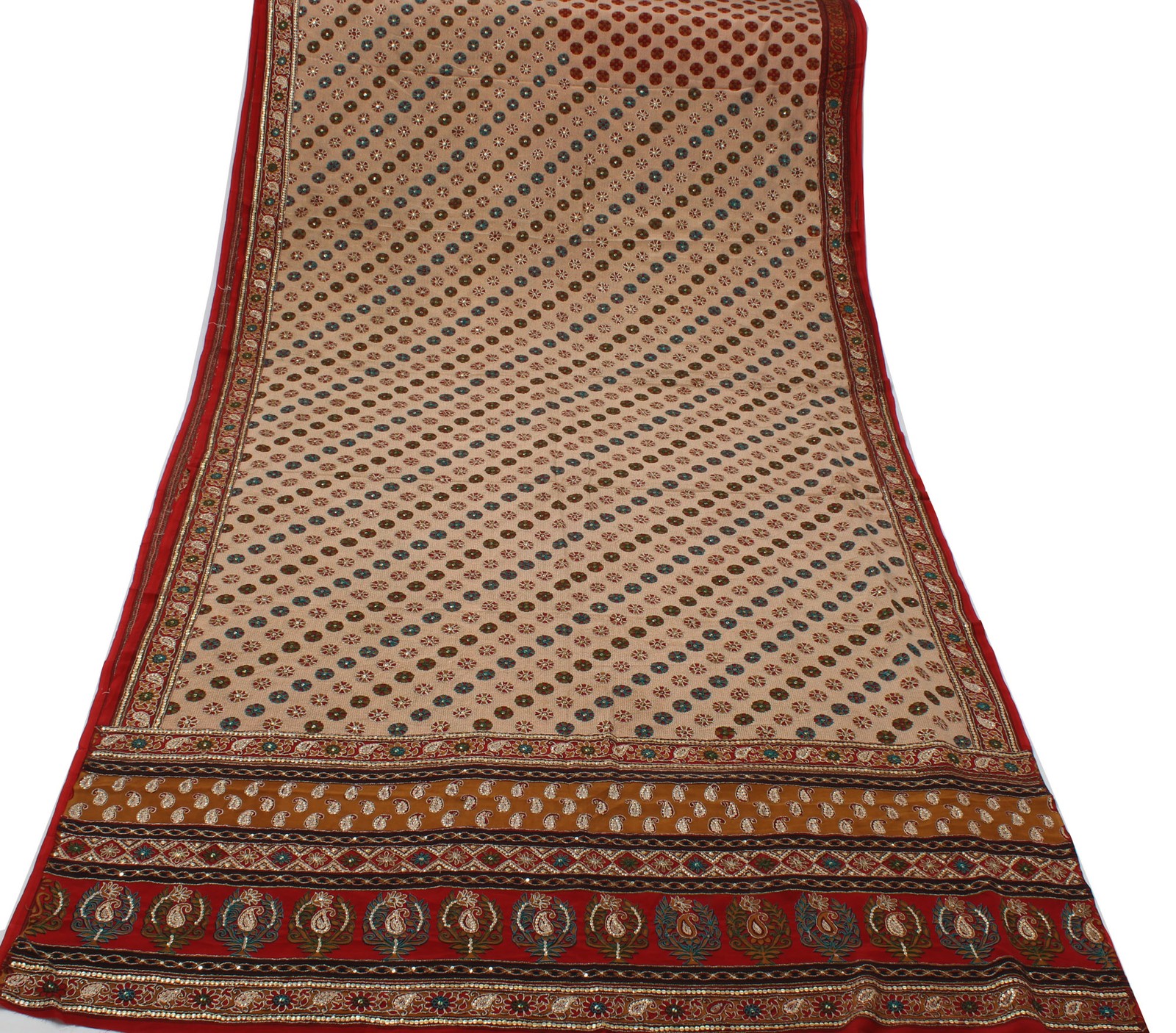 Sushila Vintage Cream Sari Pure Crepe Silk Embroidered Floral Sari 5 Yard Fabric